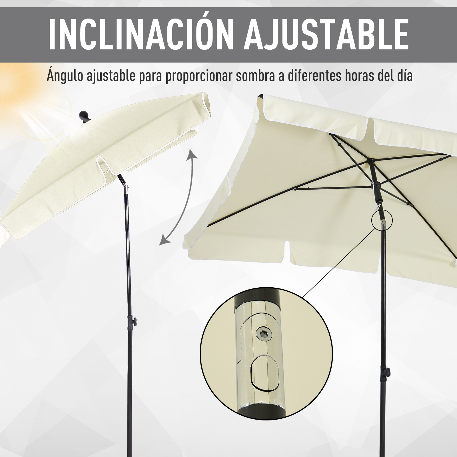 Sombrilla beige para patio con inclinación ajustable y poste de metal. Primer plano del mecanismo.