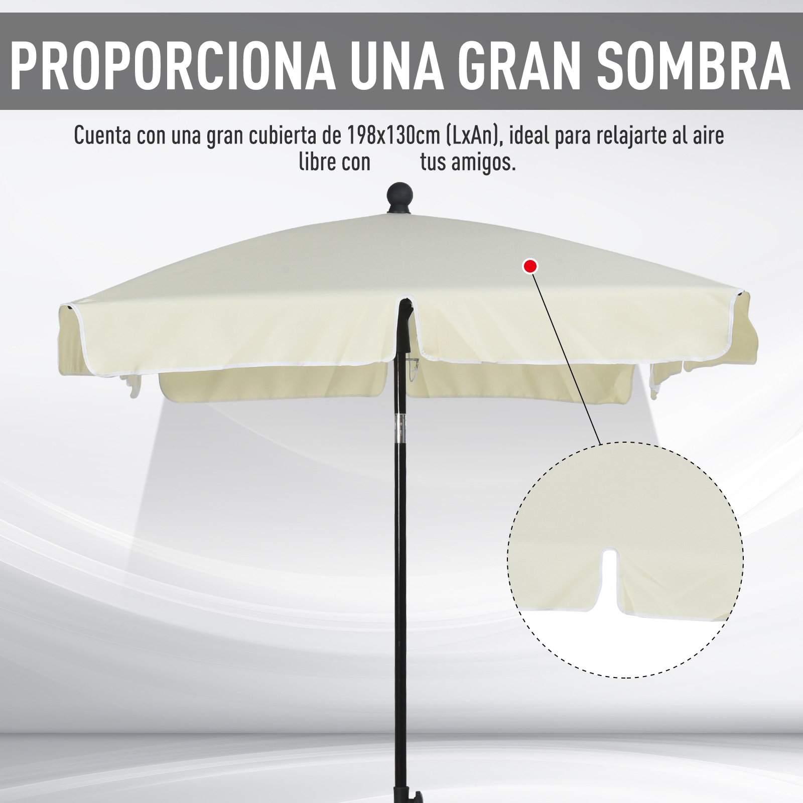 Un parasol color crema con mástil negro y borde blanco, que ofrece gran sombra.
