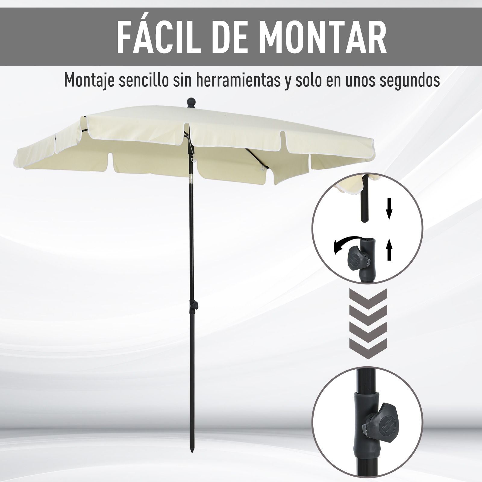 Un parasol color crema con poste negro, instrucciones de montaje.