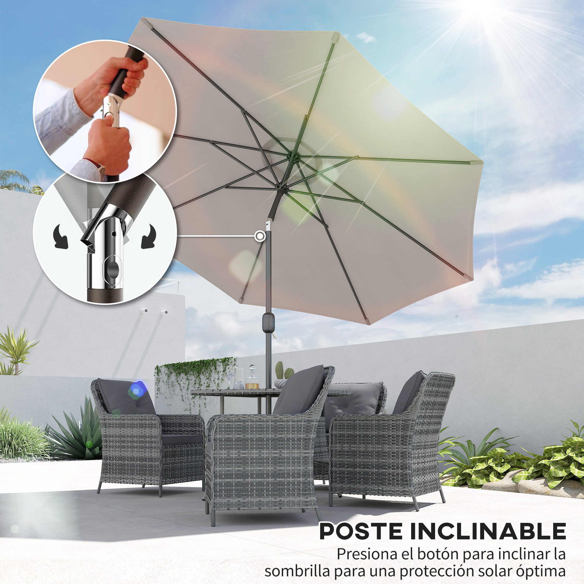 Un hombre ajusta un parasol gris en un patio, con sillas y mesa.