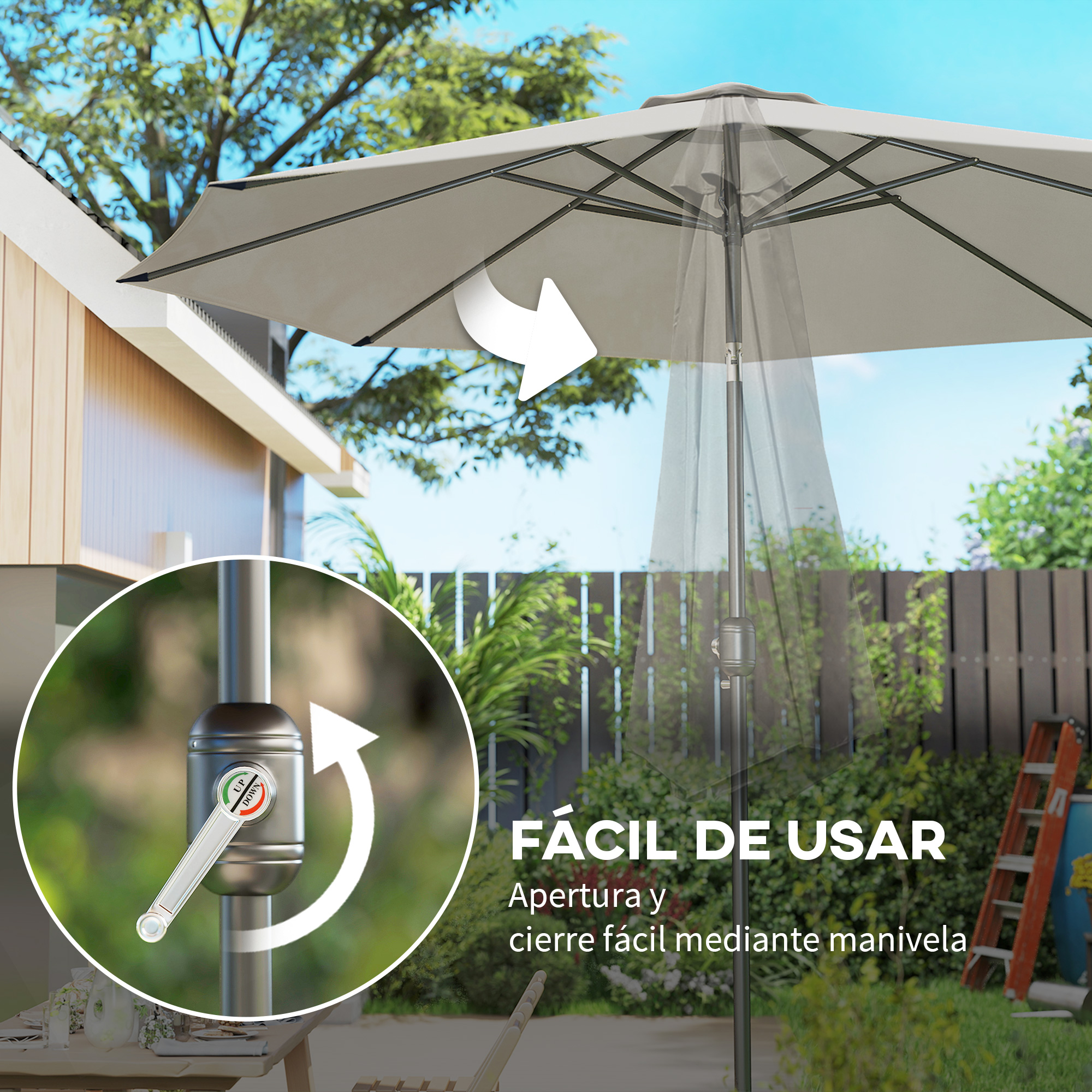 Un parasol de exterior con mecanismo de manivela para fácil uso.