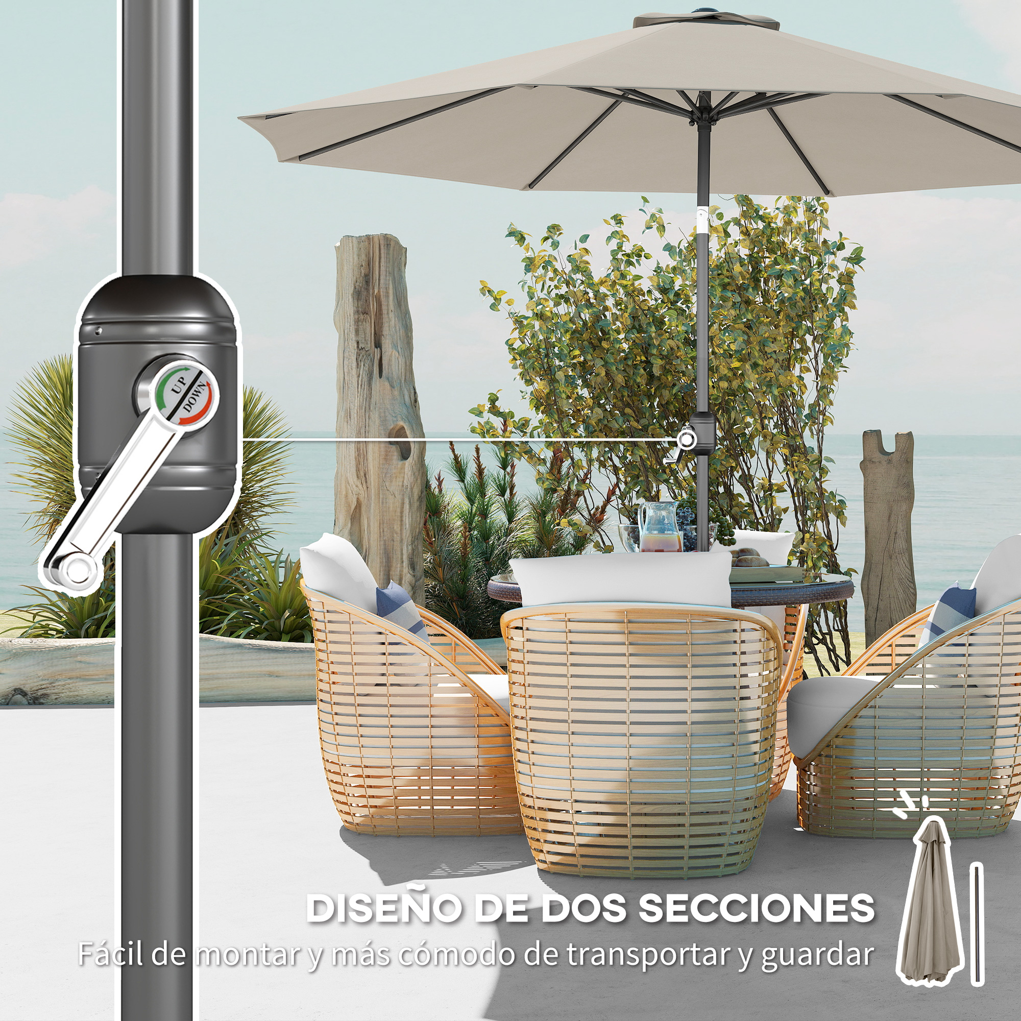 Un parasol de patio con mecanismo de manivela y dos sillas de mimbre junto al mar.