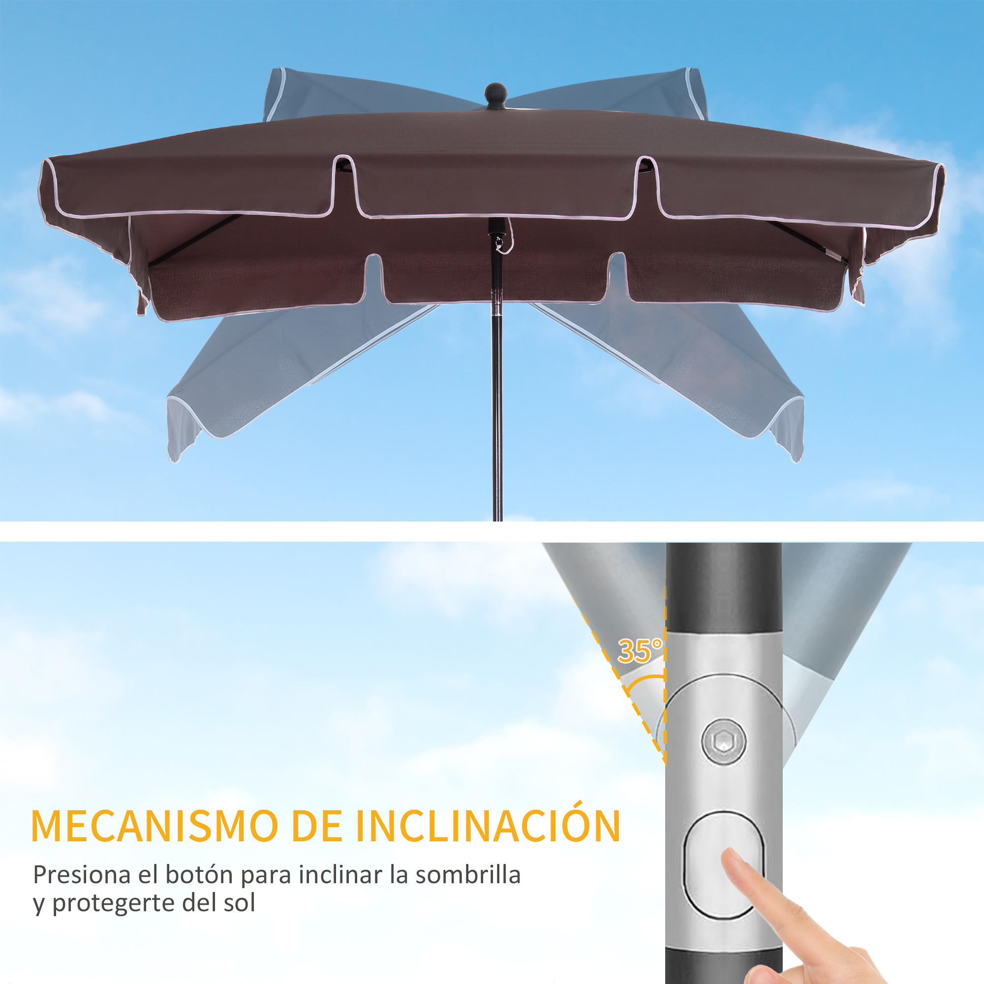 Sombrilla marrón con mecanismo de inclinación y indicador de 35 grados.
