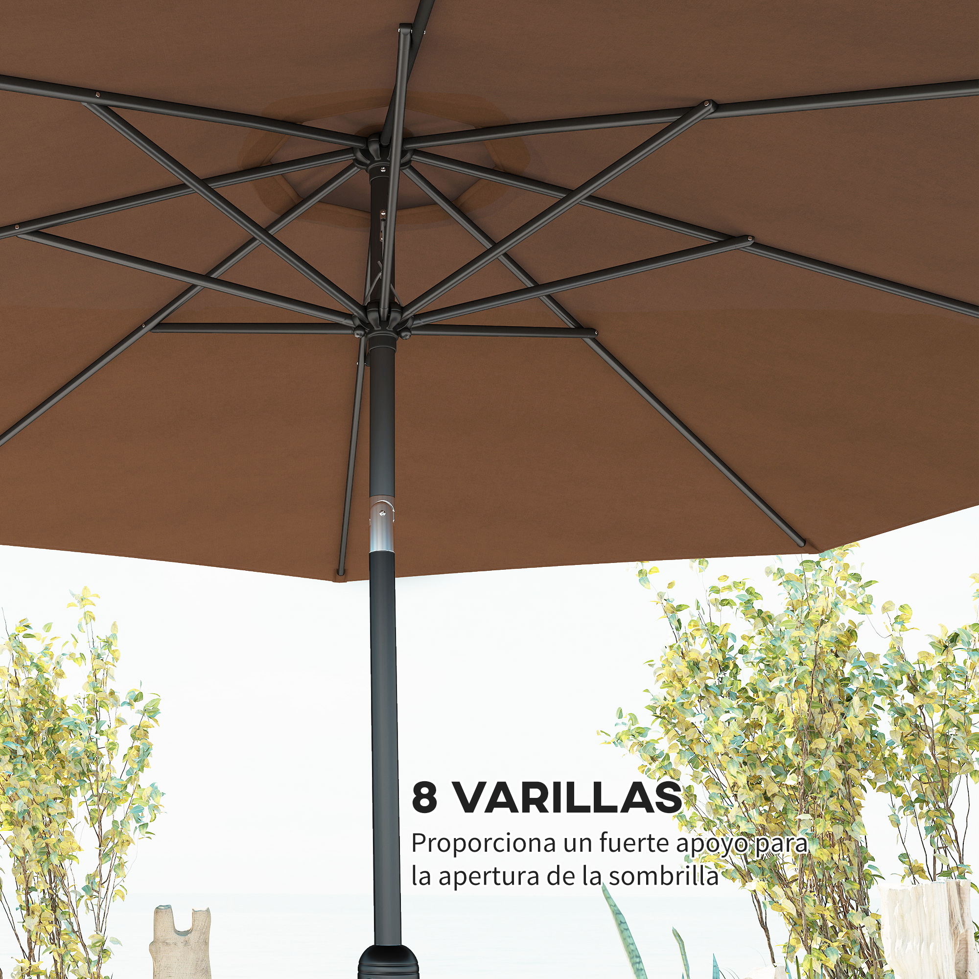 Sombrilla marrón con estructura negra, rodeada de plantas verdes.
