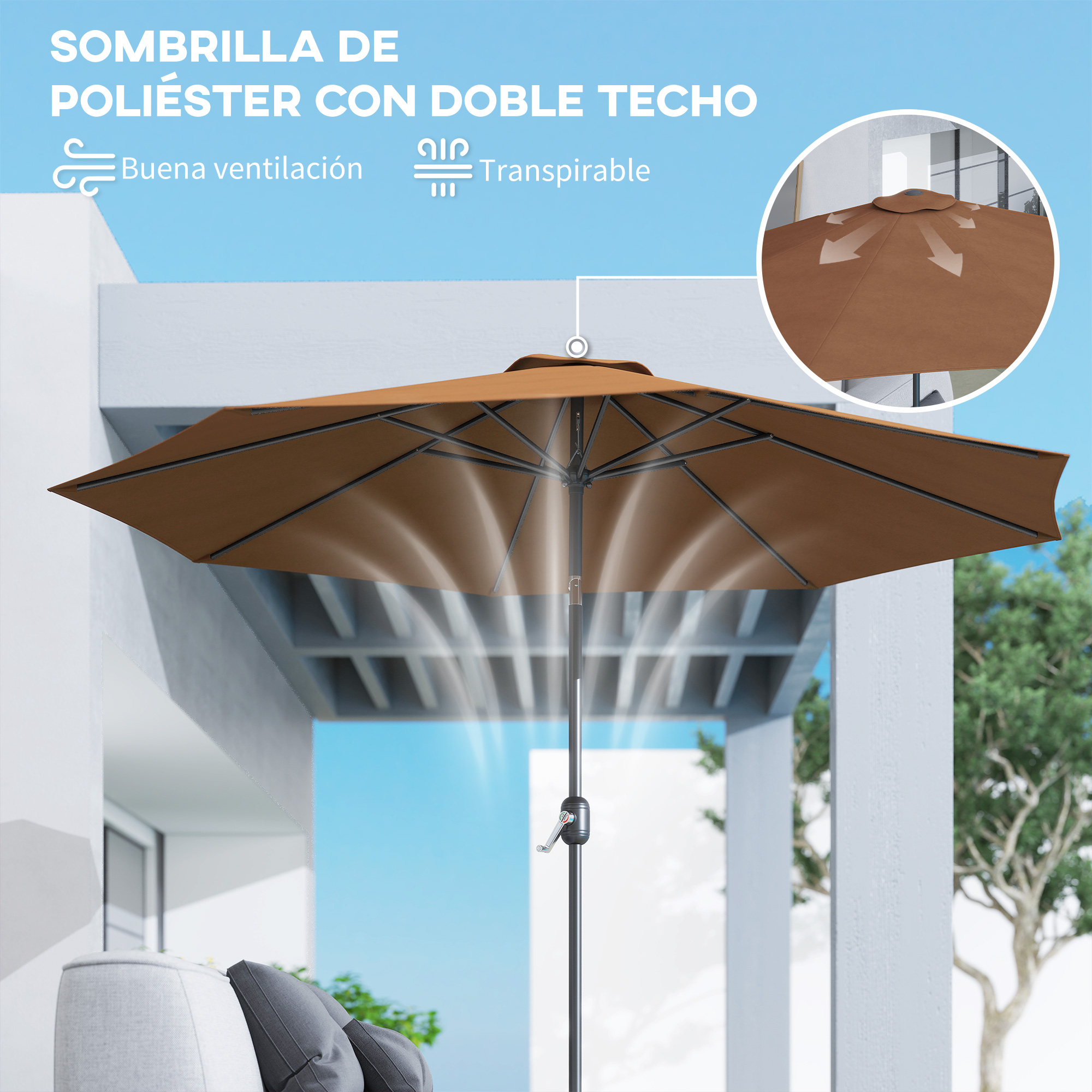 Sombrilla marrón para patio con doble techo para ventilación.