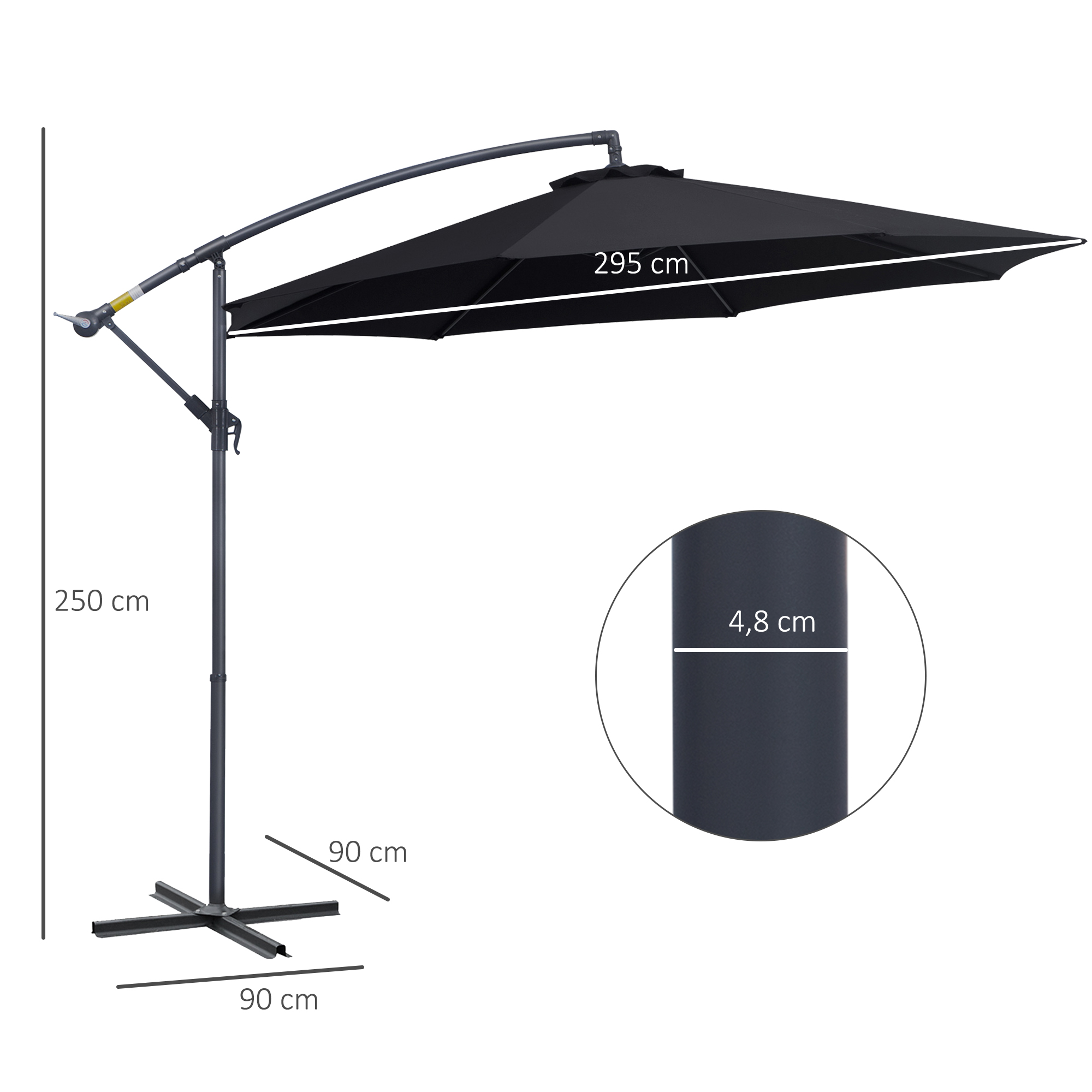 Un parasol voladizo negro con base de metal. Se muestran las dimensiones.