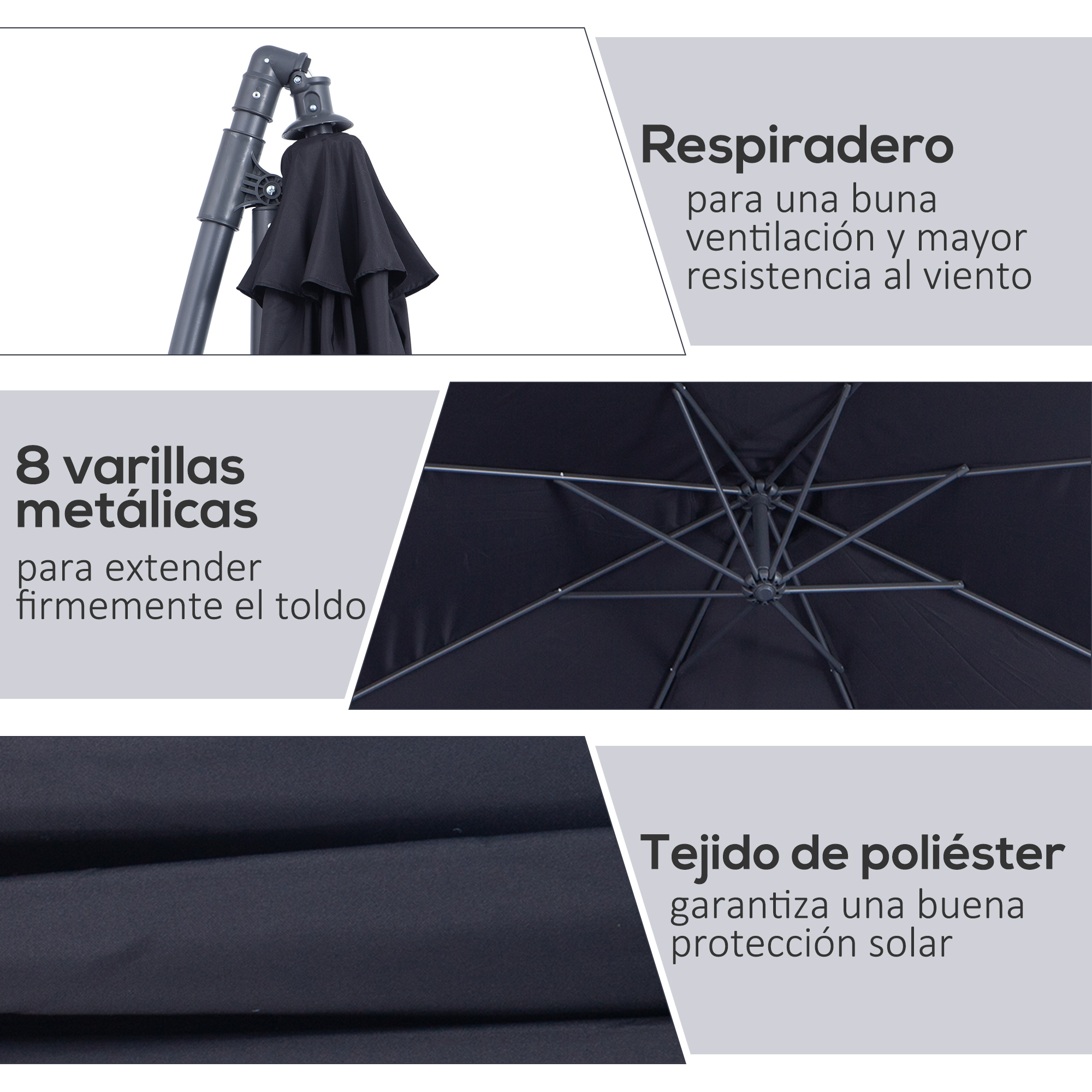 Mecanismo de sombrilla negro con 8 varillas metálicas y tejido de poliéster.