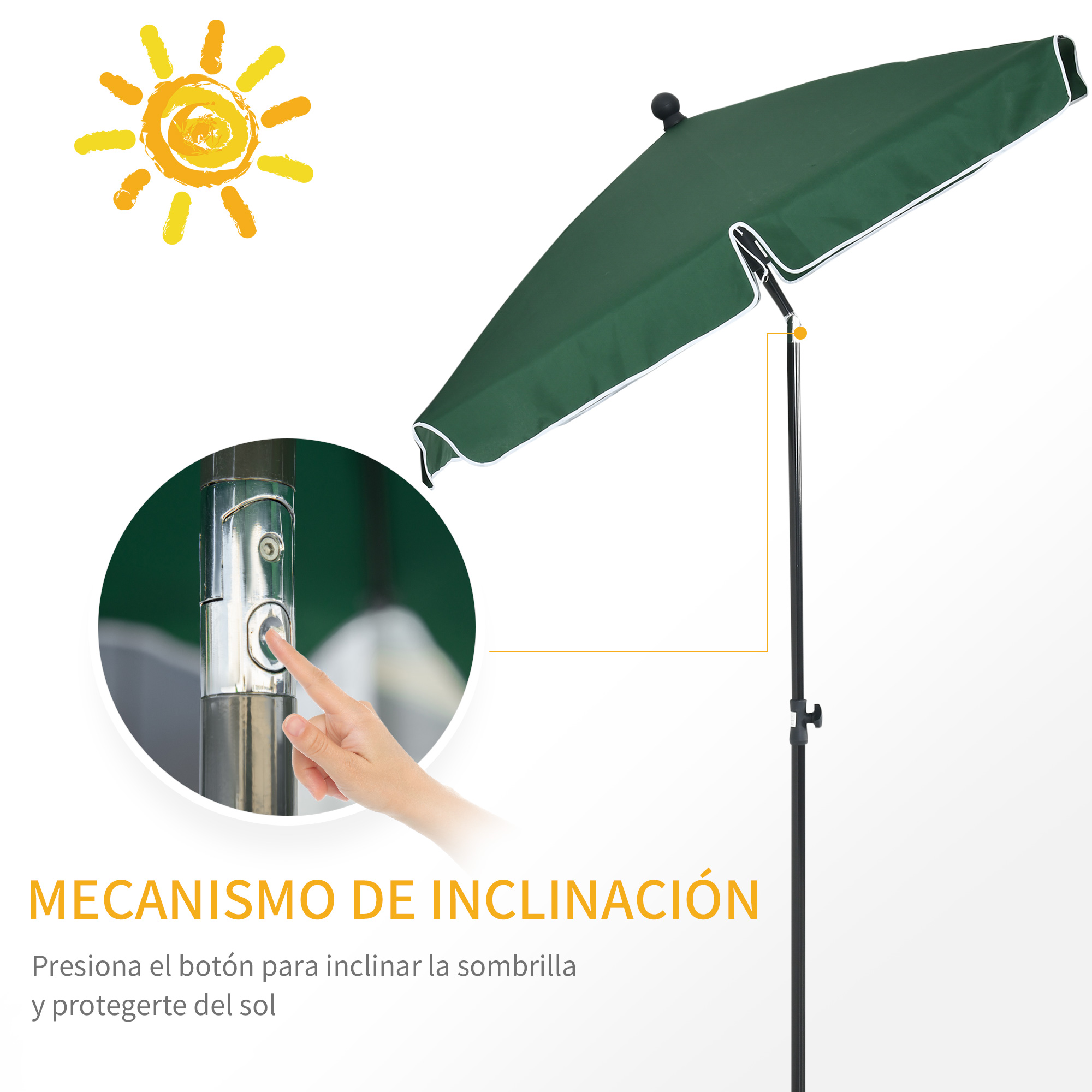 Sombrilla verde con mecanismo de inclinación y sol.
