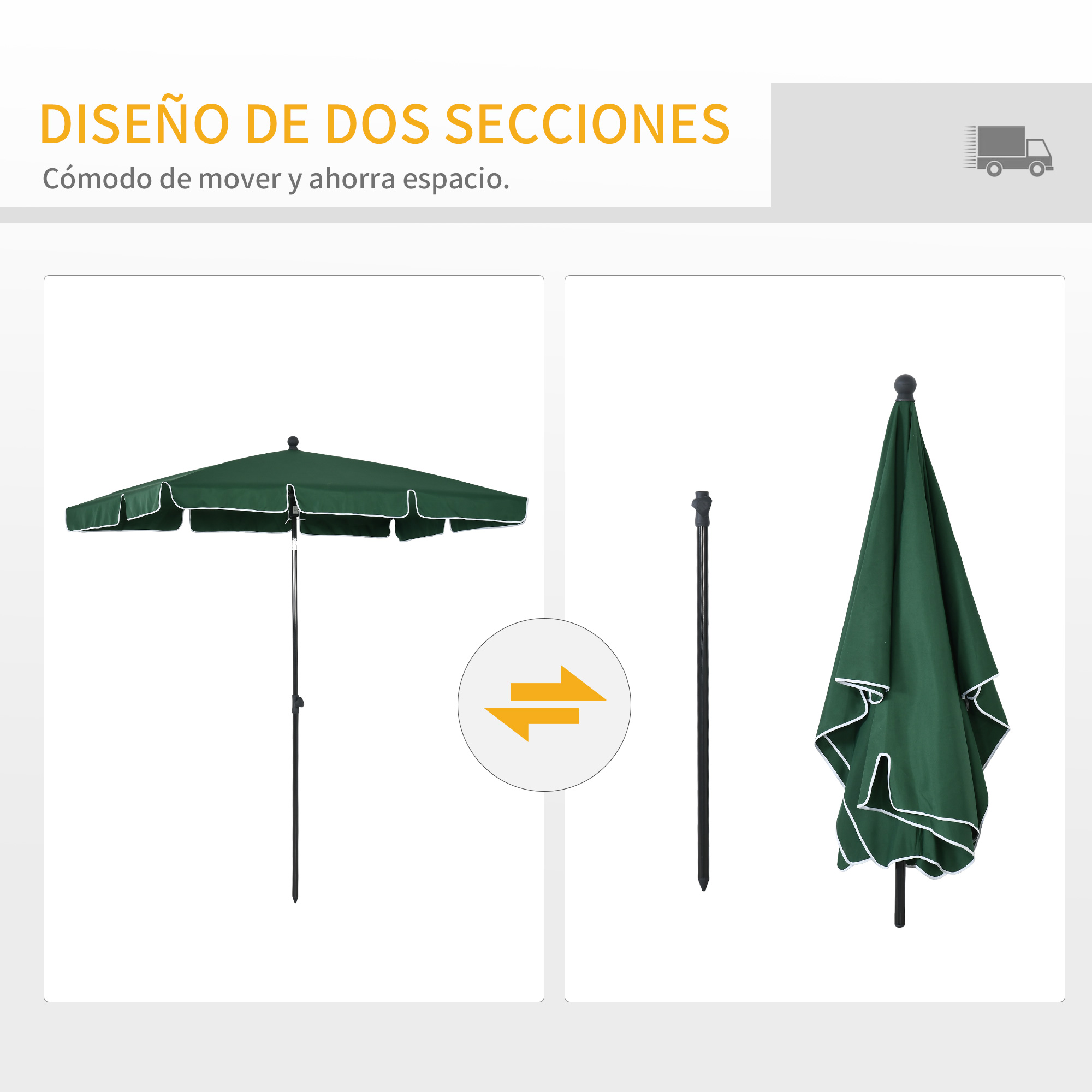 Un parasol verde abierto y un parasol verde cerrado uno al lado del otro.