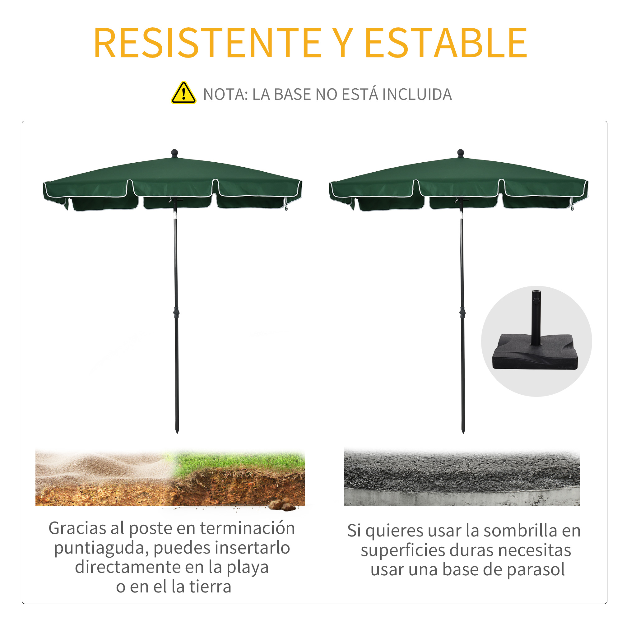 Dos sombrillas verdes con borde blanco. Una con base puntiaguda, otra con base.