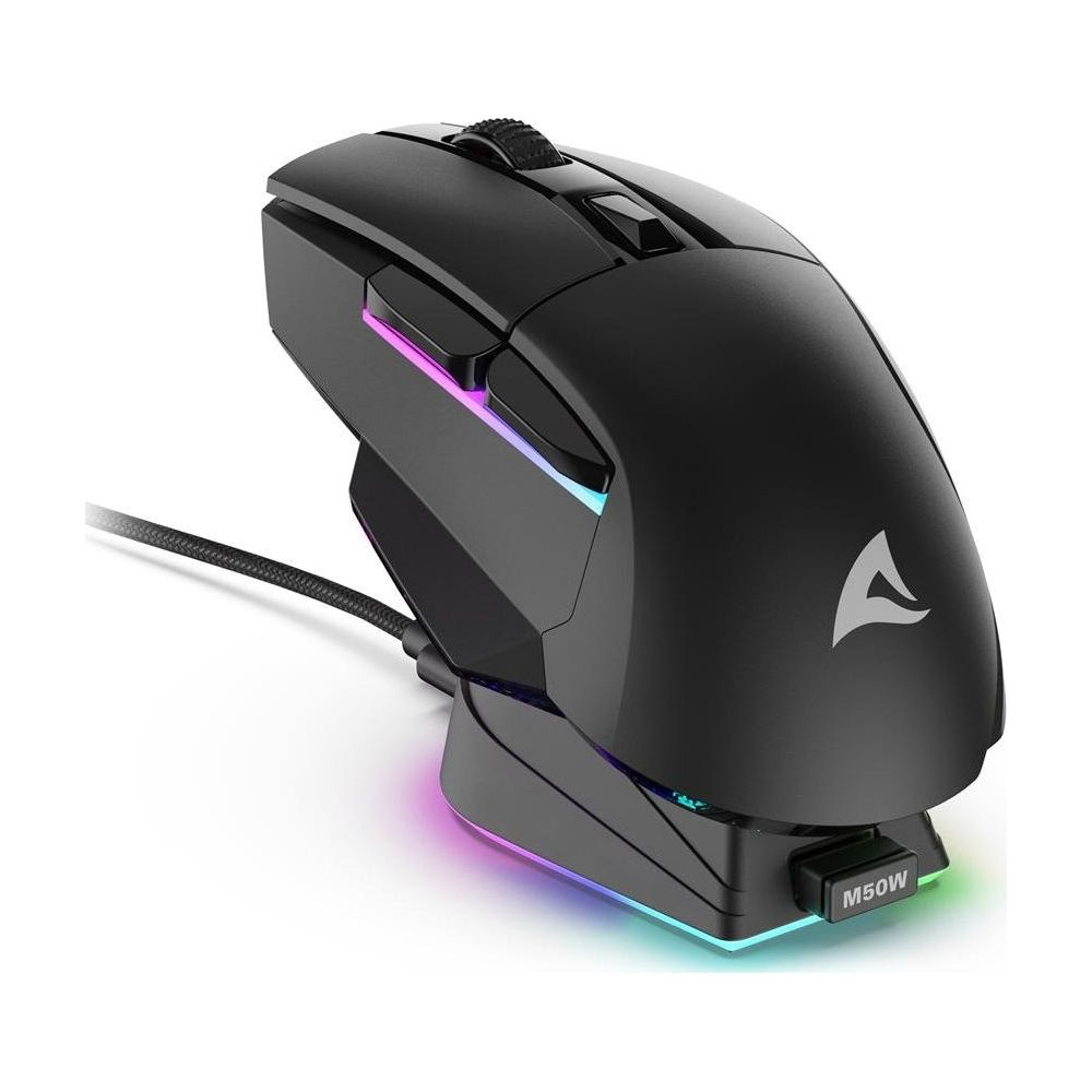 Czarna mysz gamingowa z podświetleniem RGB na stojaku.