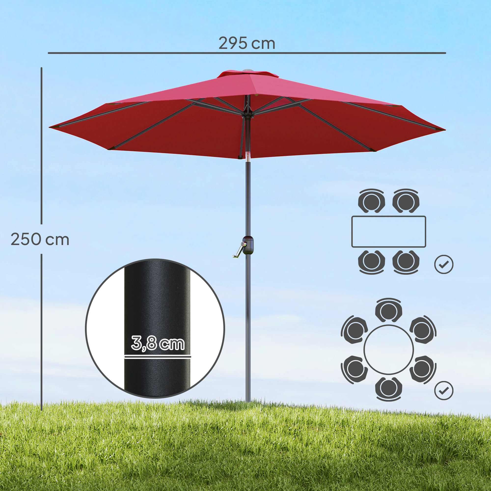 Un parasol rojo de 295 cm de diámetro y 250 cm de altura.