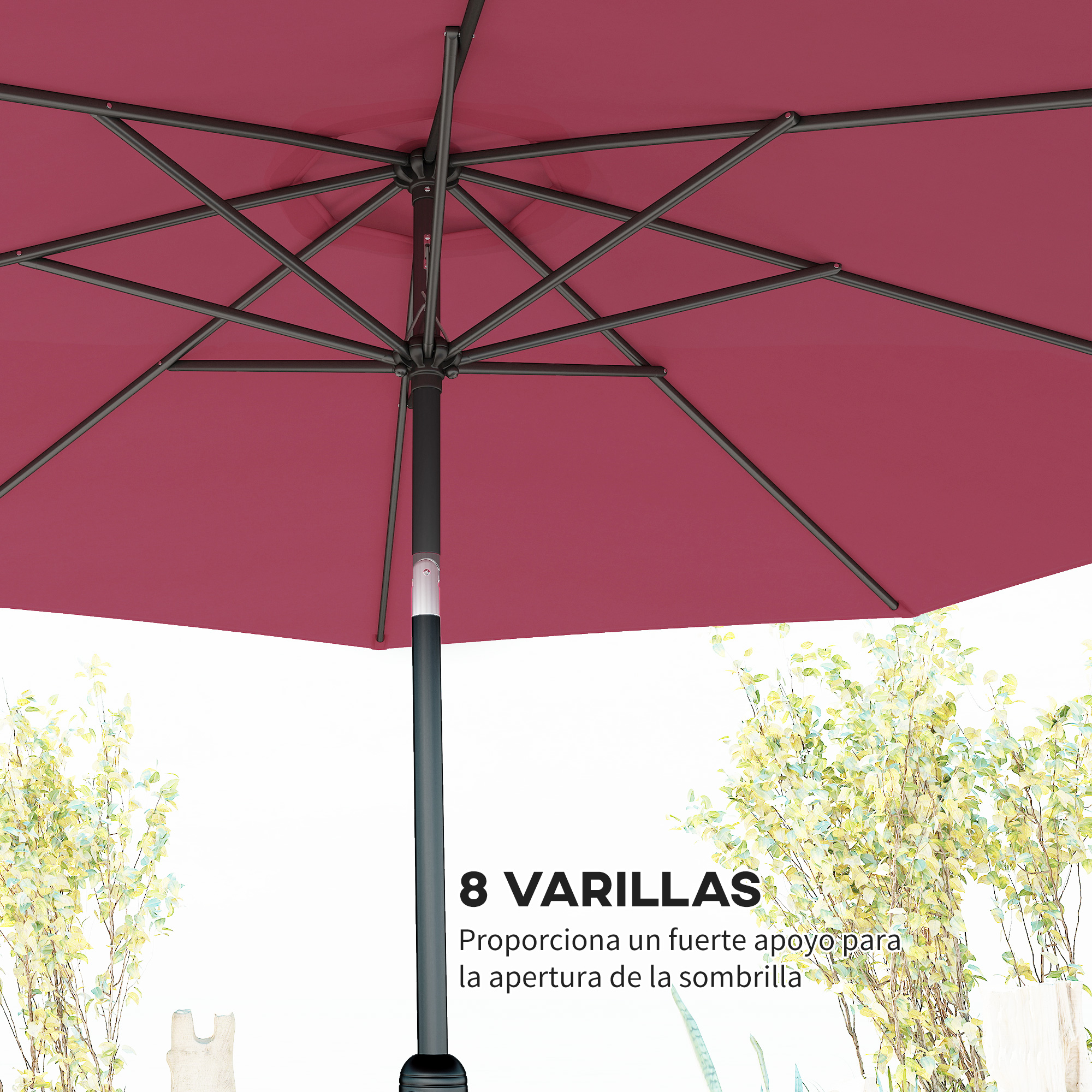 Parte inferior de un paraguas rojo con 8 varillas y estructura metálica.