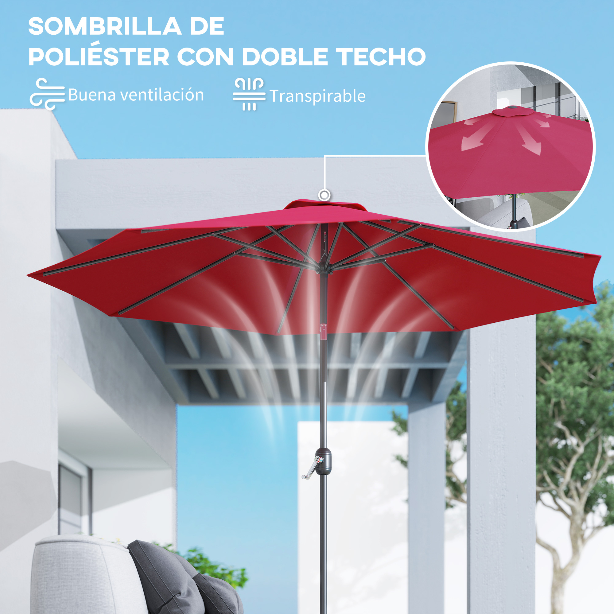 Sombrilla roja para patio con doble ventilación en terraza con sofá.
