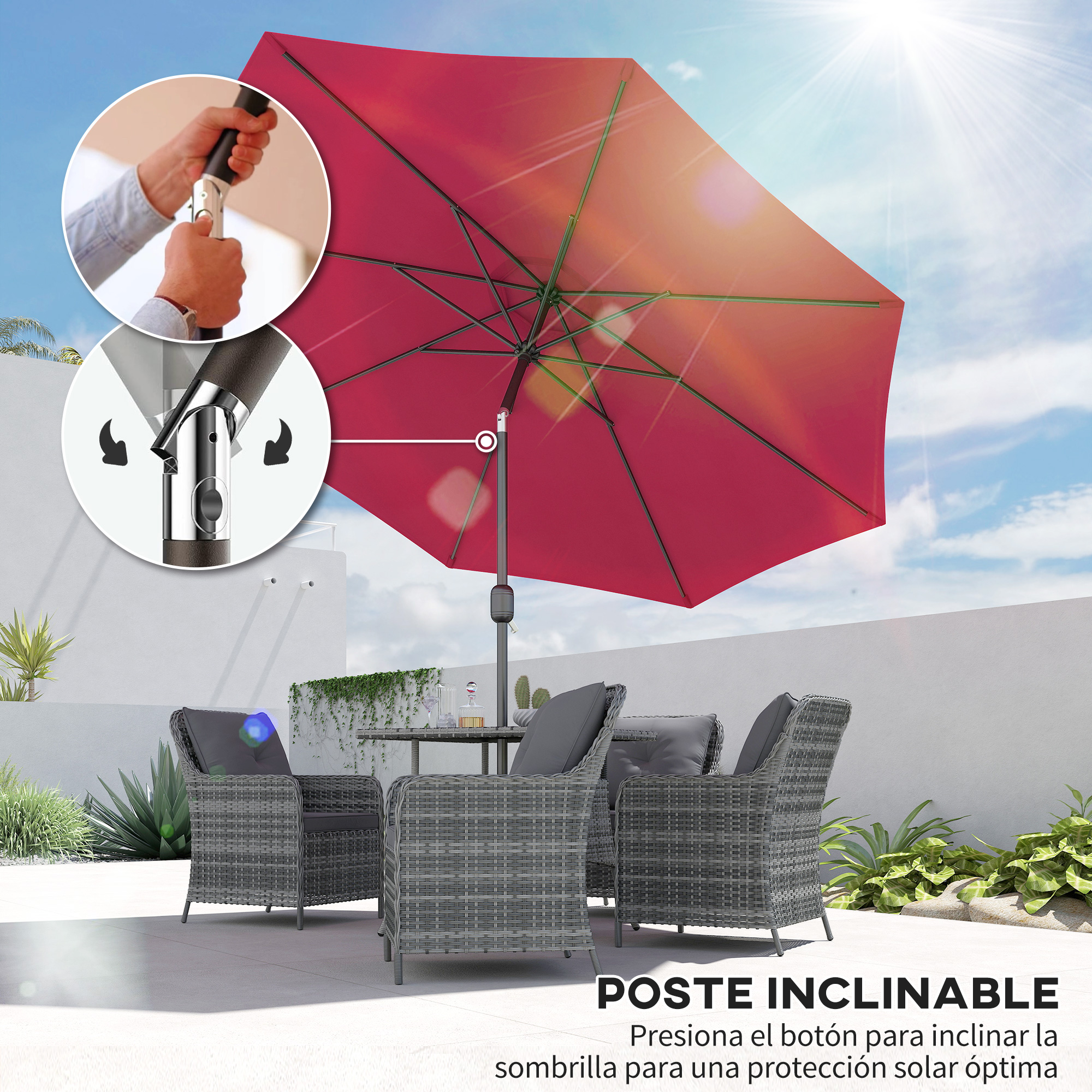Un parasol rojo con inclinación ajustable sobre muebles de ratán al aire libre.