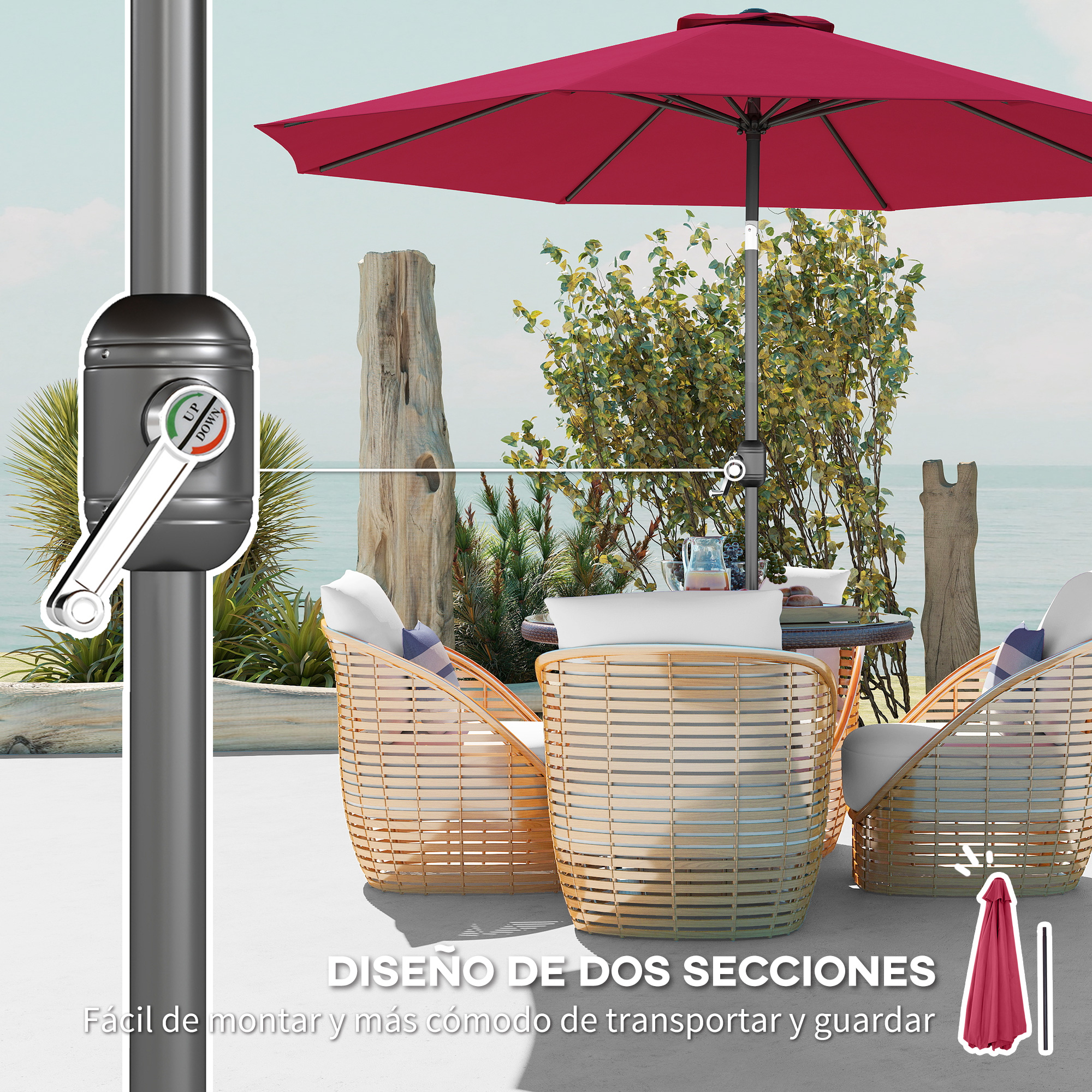 Un parasol rojo sobre dos sillas de mimbre junto al mar, con mecanismo.