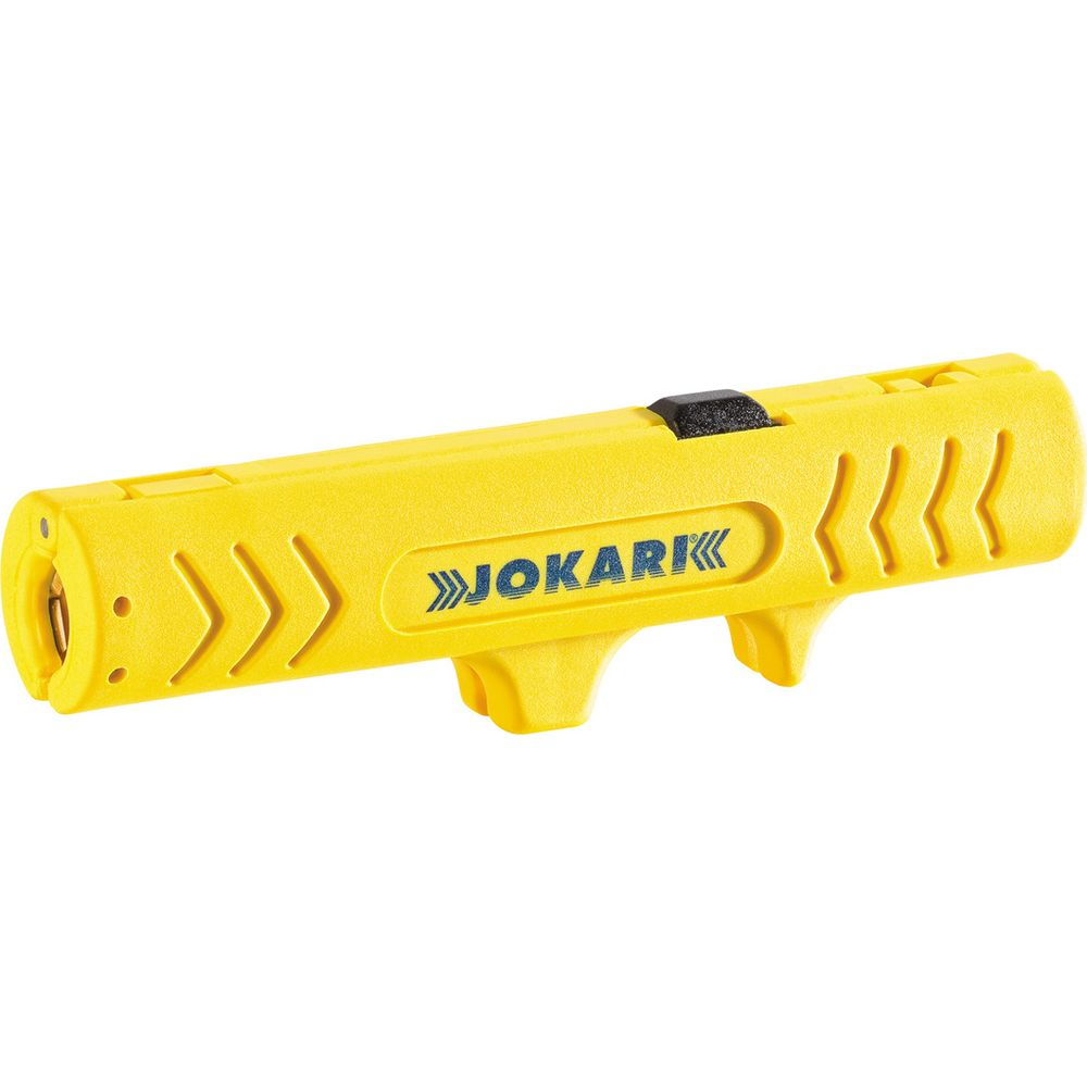 Ein gelbes Kabelabisolierwerkzeug mit der Aufschrift JOKARI und Pfeilmarkierungen.