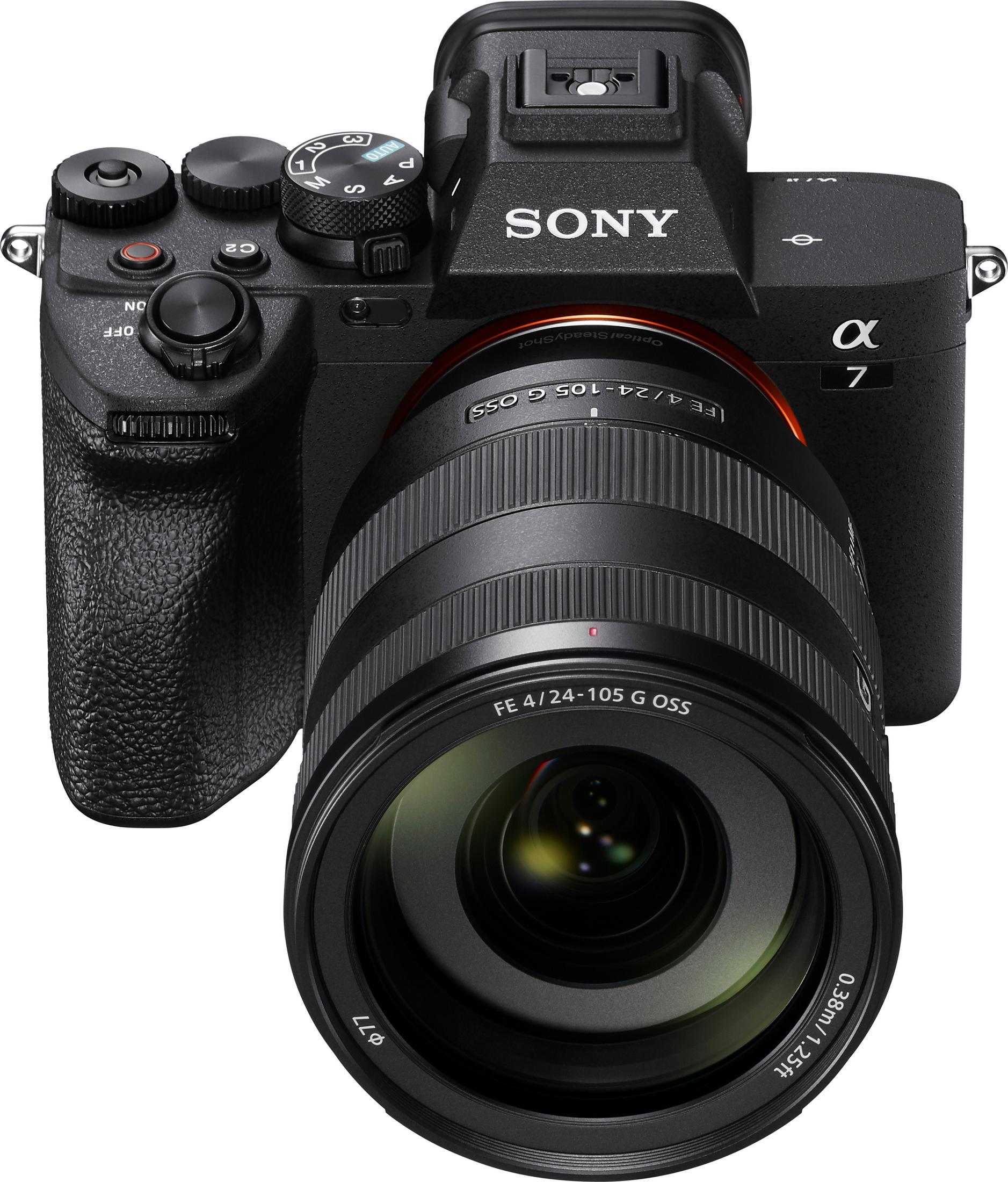 Black Sony Alpha 7 camera with zoom lens, on a white background.