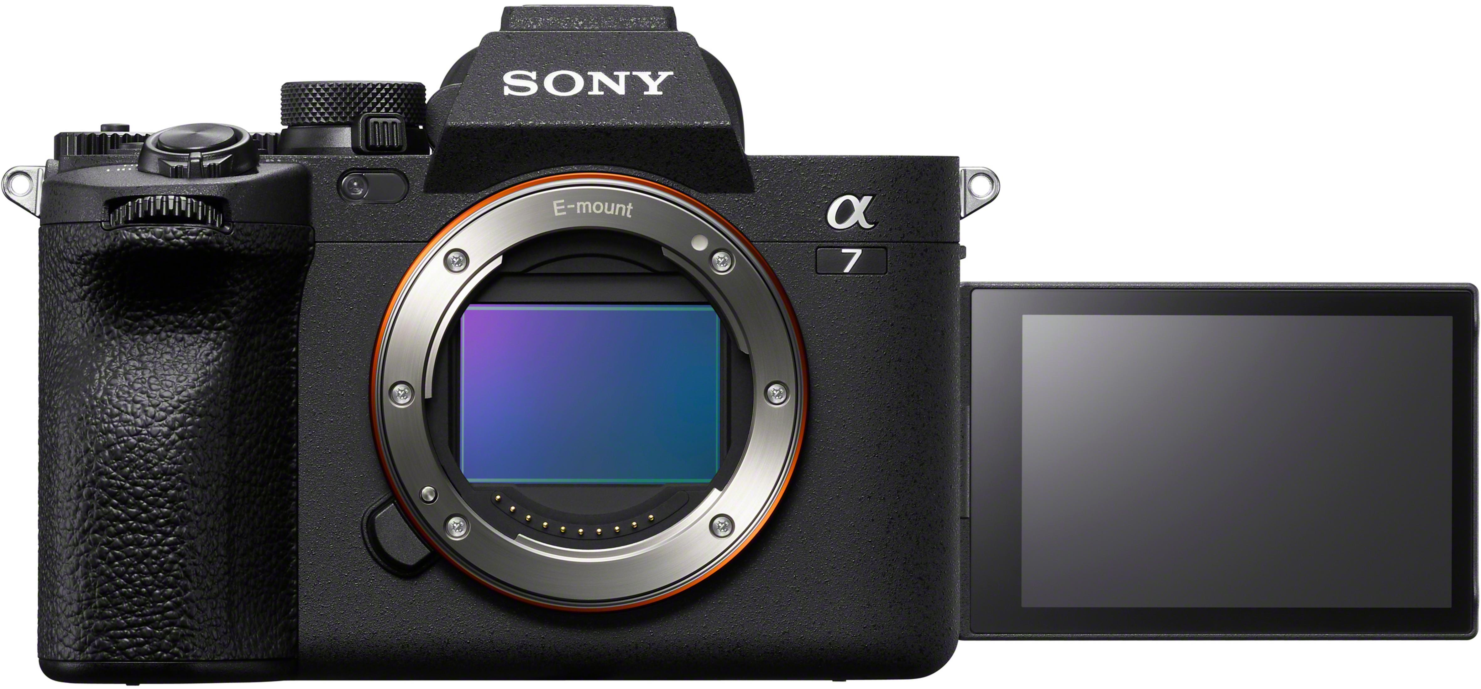 Black Sony Alpha 7 camera with E-mount and flip-out screen.