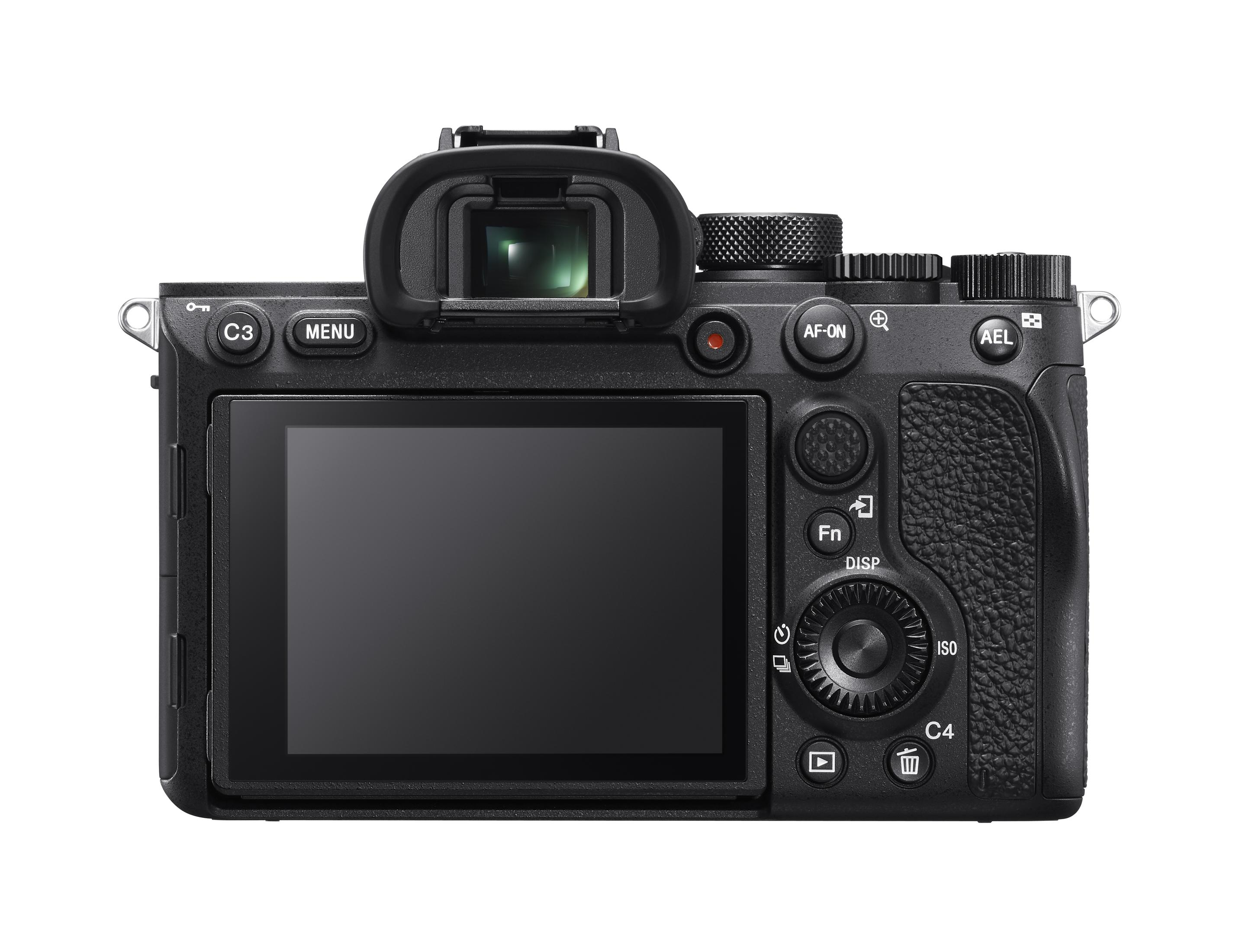 Back view of a black digital camera with LCD screen, viewfinder, and control buttons.