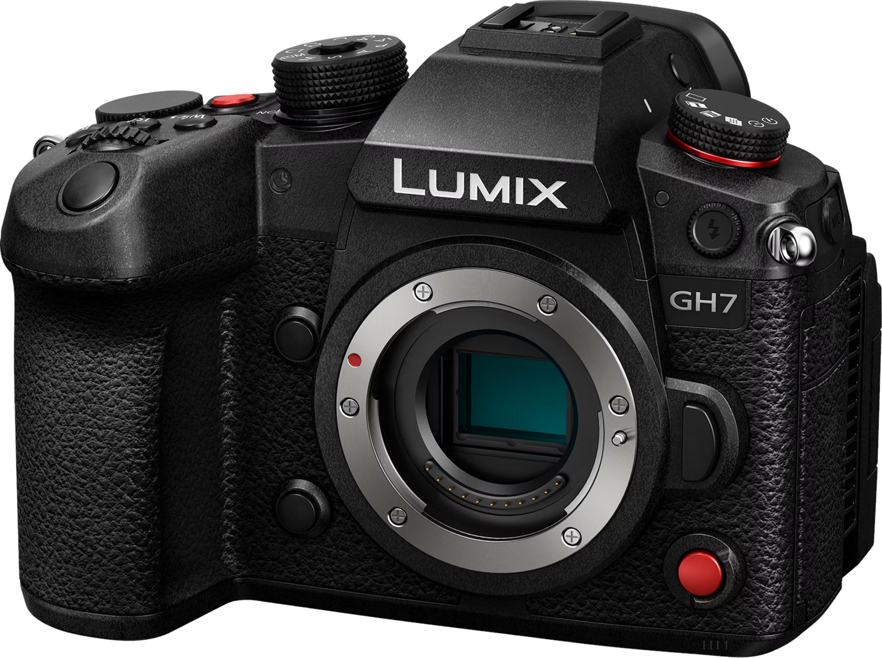 Eine schwarze Lumix GH7 Kamera mit silbernem Objektivring und roten Akzenten.