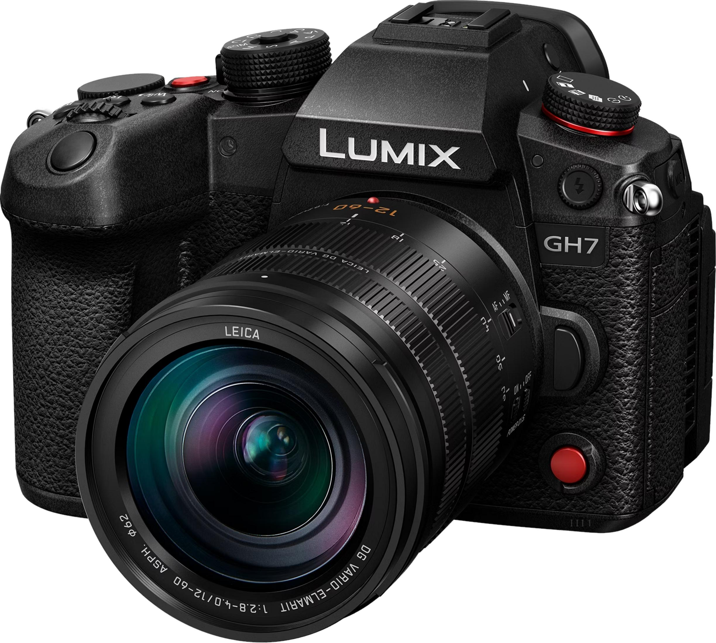 Schwarze Lumix GH7 Kamera mit Leica DG Vario-Elmarit Objektiv.