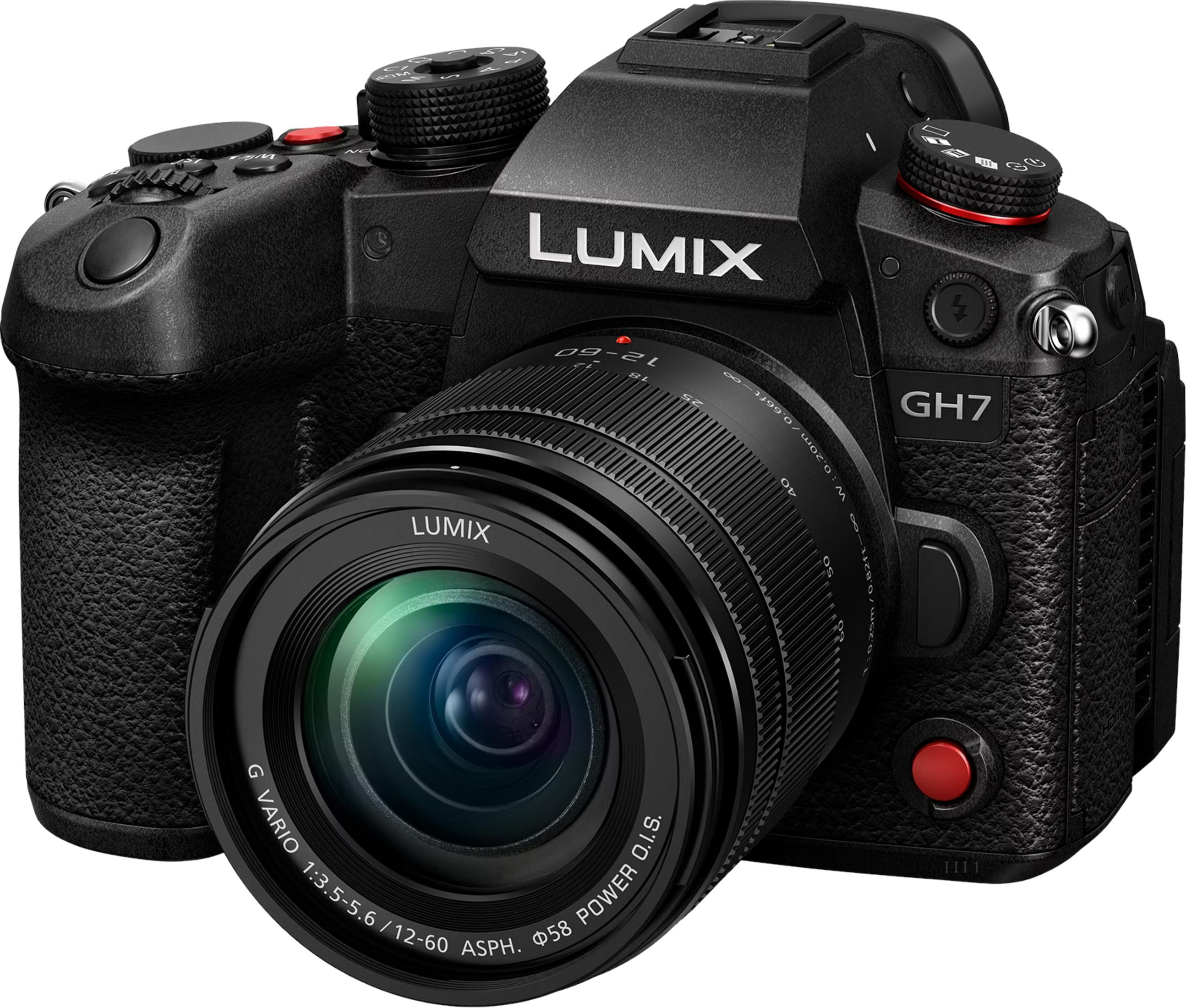 Schwarze Lumix GH7 Kamera mit angesetztem Objektiv und Bedienelementen.