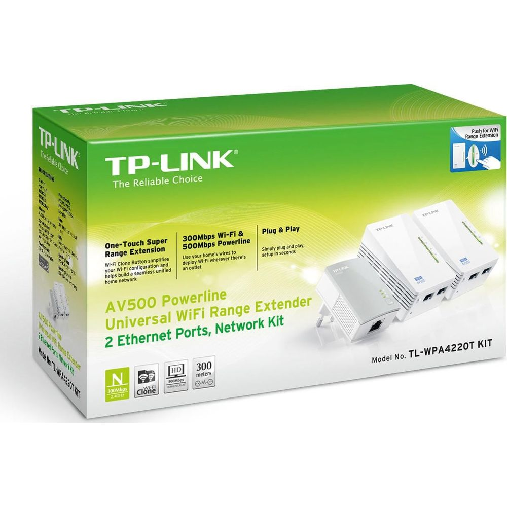 TP-Link AV500 Powerline WiFi Range Extender-Kit-Box mit zwei weißen Adaptern und grünen Akzenten.