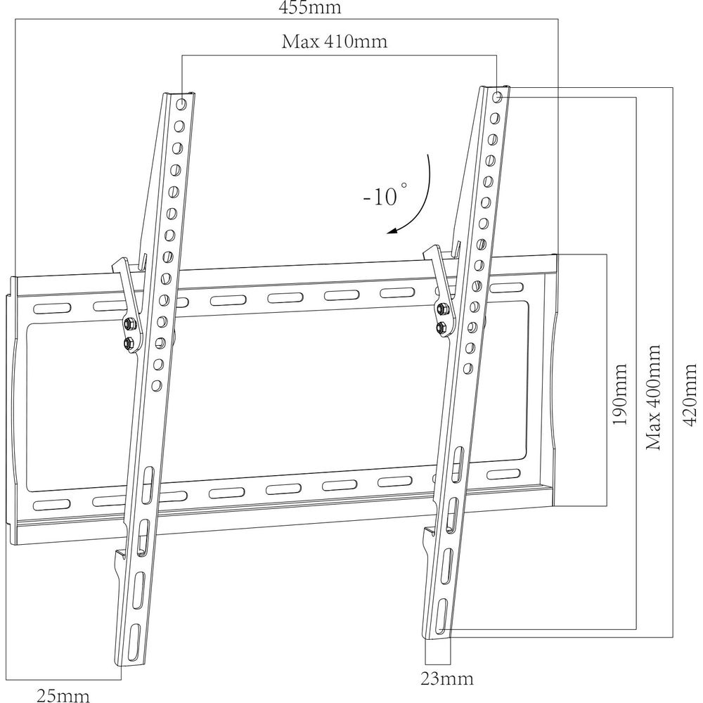 Schéma d'un support mural TV avec dimensions et angle d'inclinaison.