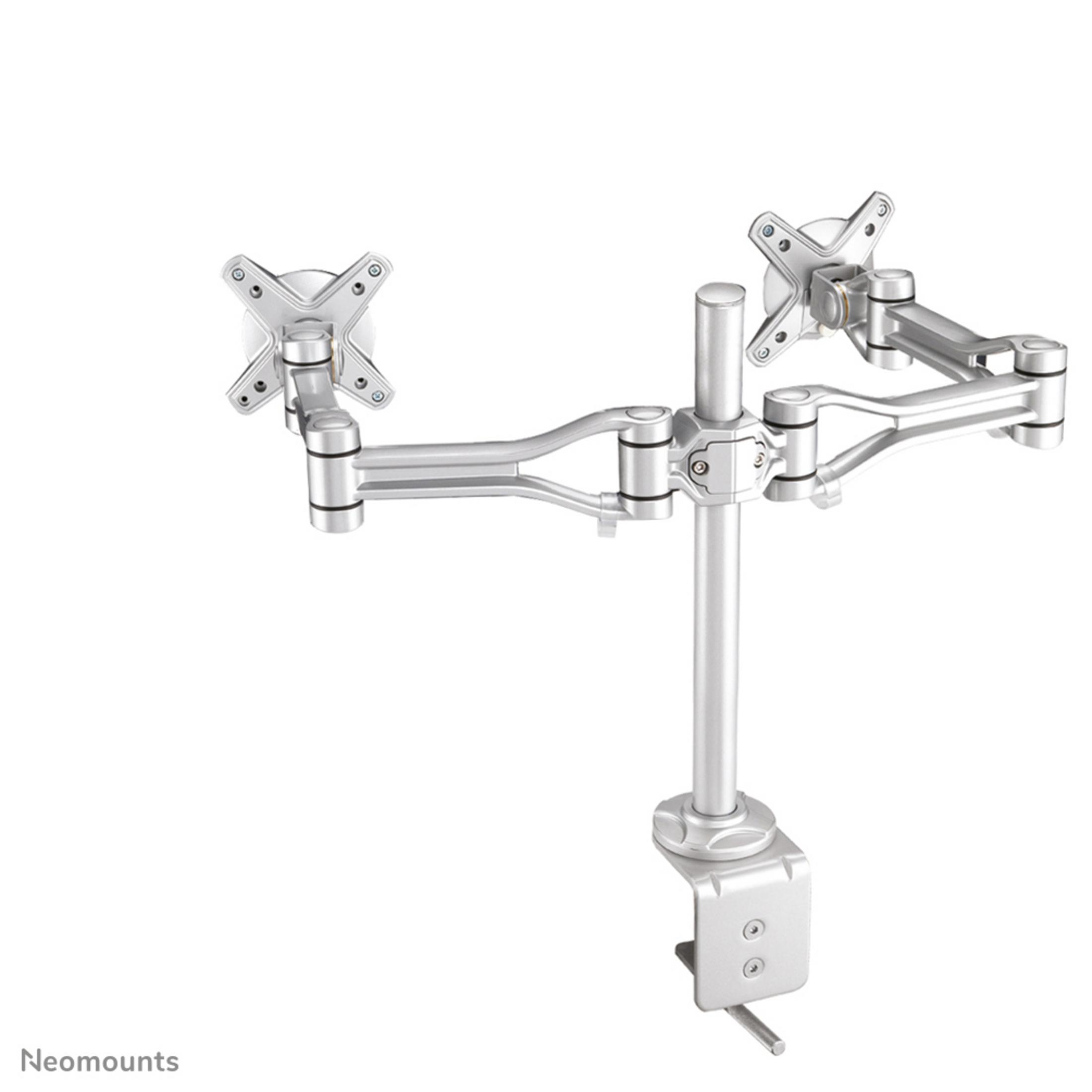 Silver dual monitor mount with clamp base and adjustable arms.