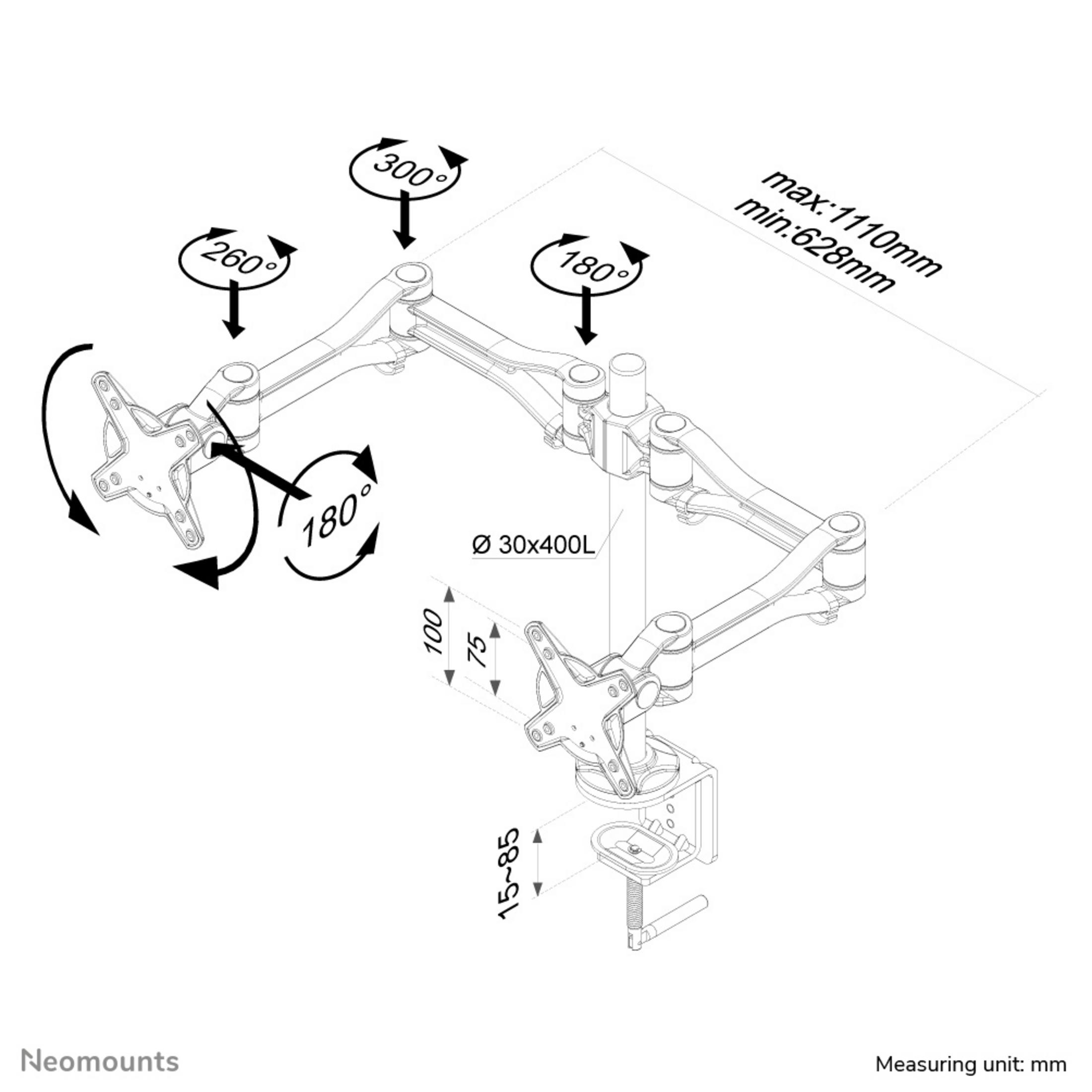 Technical drawing of a monitor arm with angle indications and measurements.