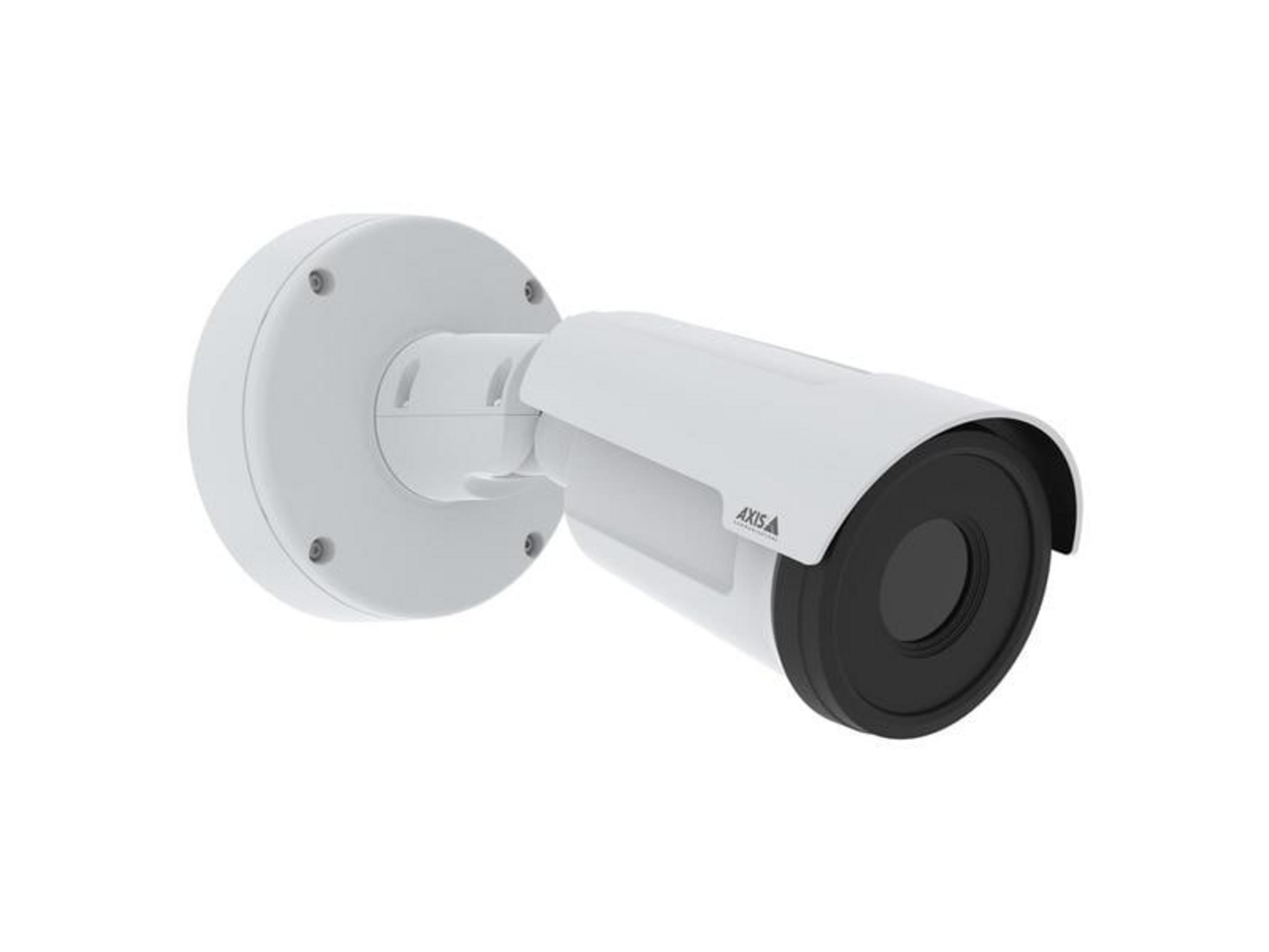 Biała kamera Axis z czarnym obiektywem, zamontowana na okrągłym uchwycie.