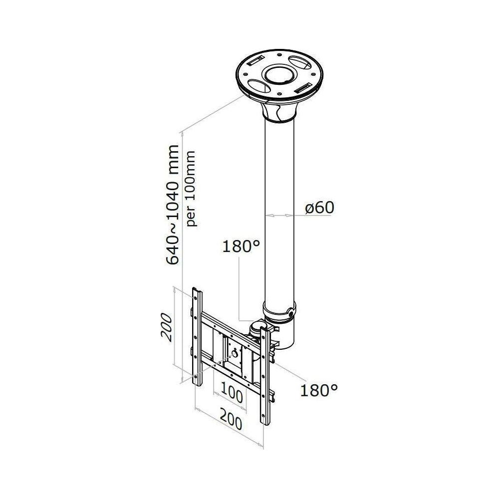 Dibujo técnico de un soporte de techo con dimensiones para el poste telescópico y el soporte de TV.