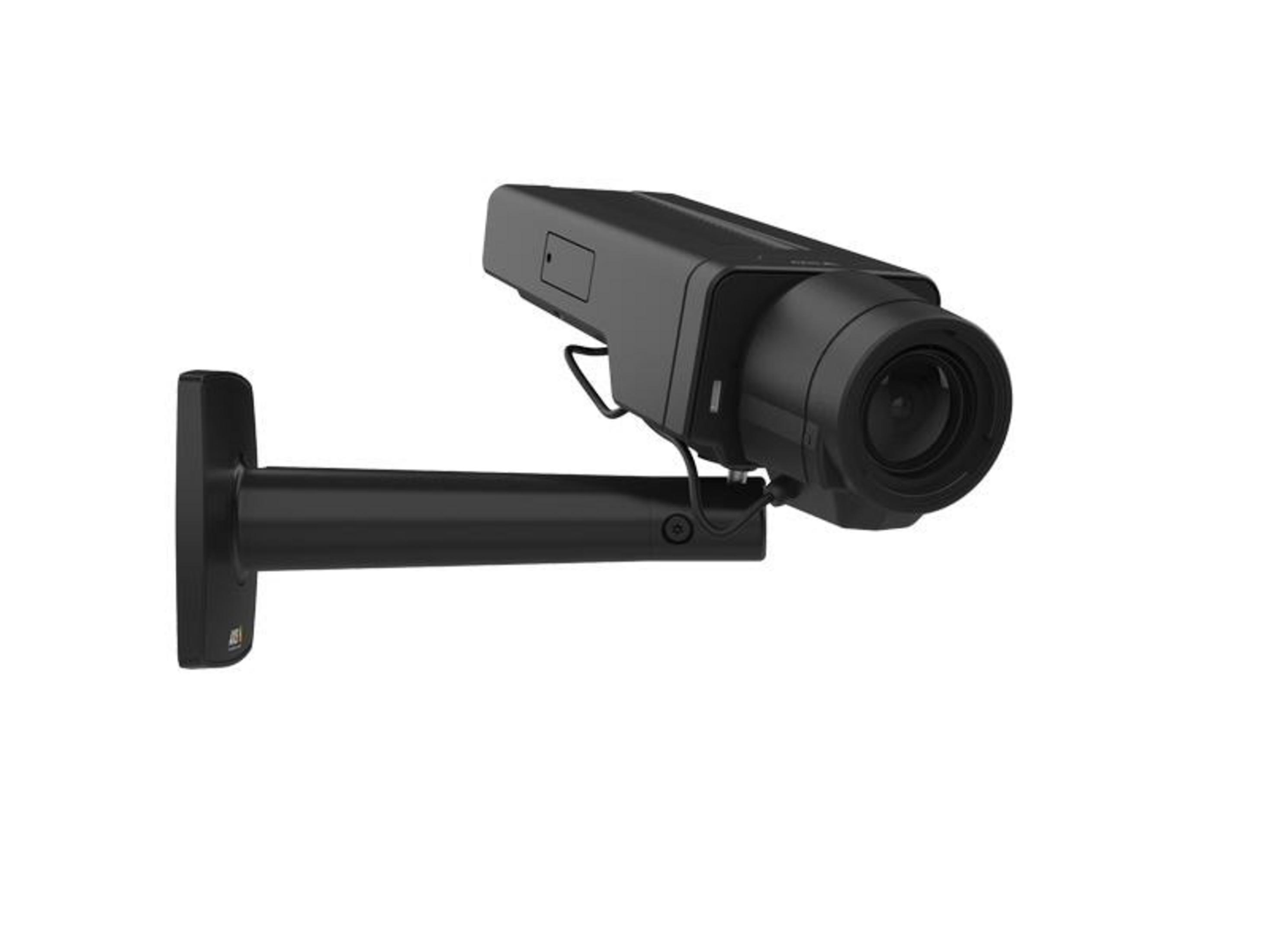 Czarna kamera bezpieczeństwa na ramieniu montażowym na białym tle.