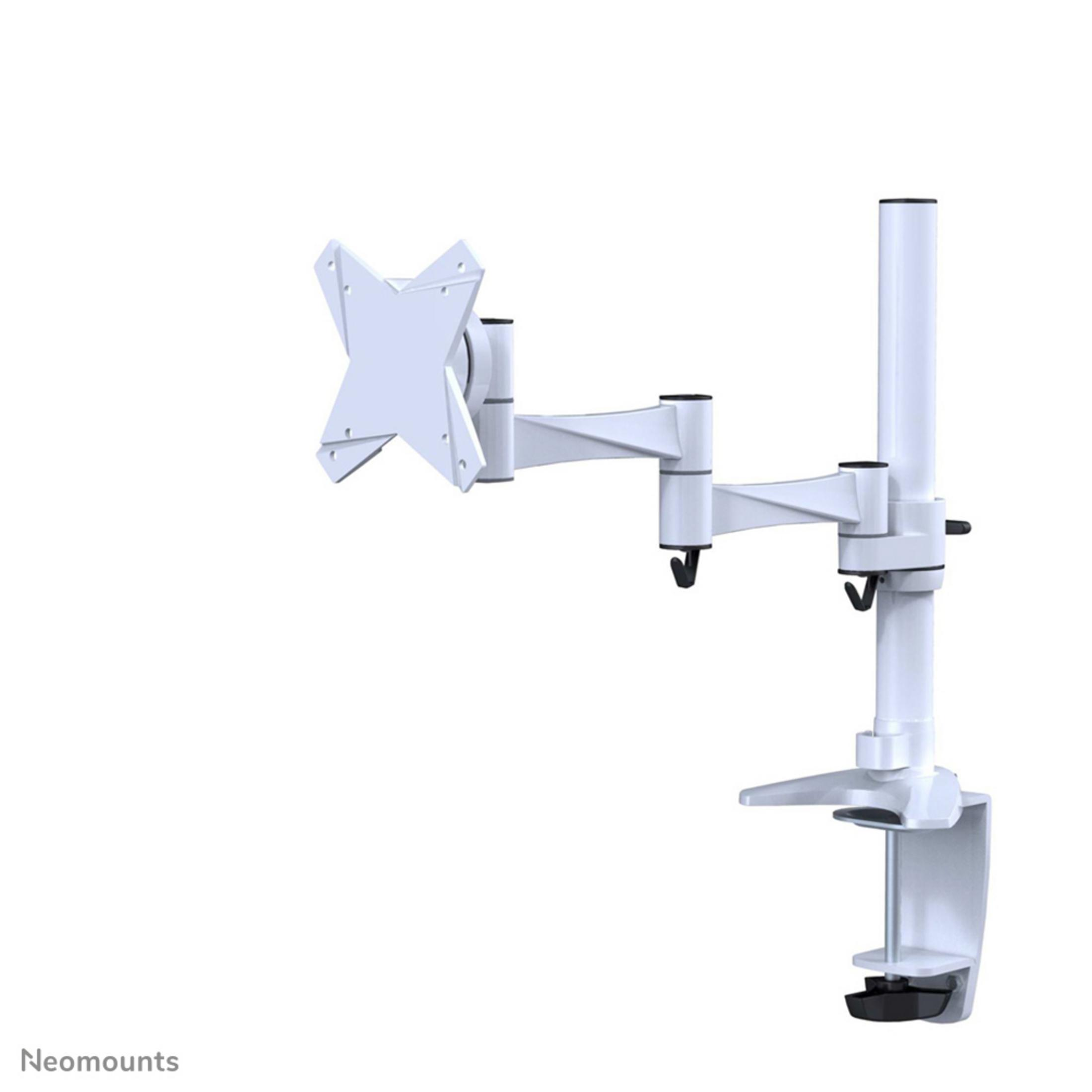 Ein weißer Monitorarm mit Klemmfuß und verstellbaren Gelenken.