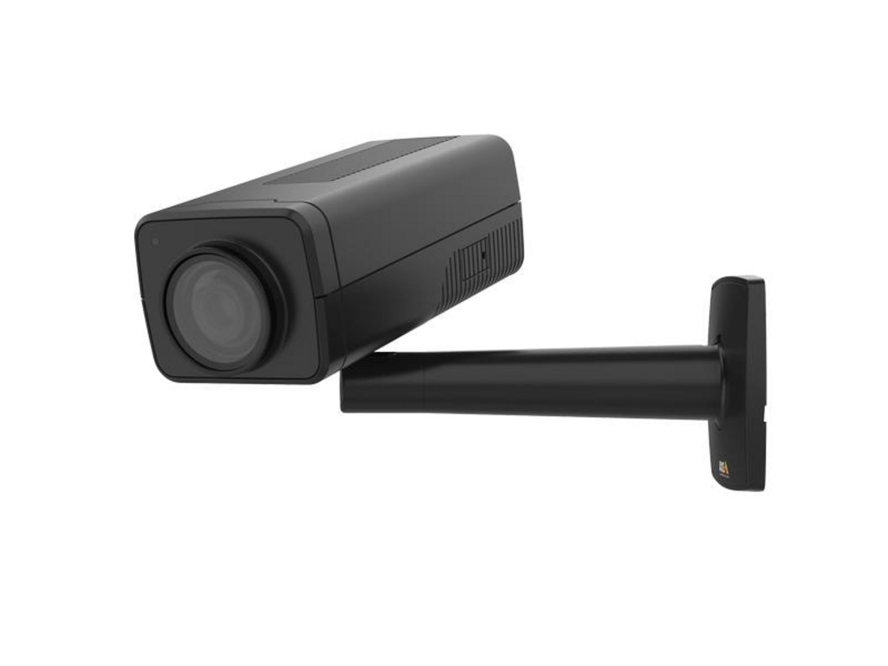Czarna kamera bezpieczeństwa z ramieniem, zamontowana na białym tle.