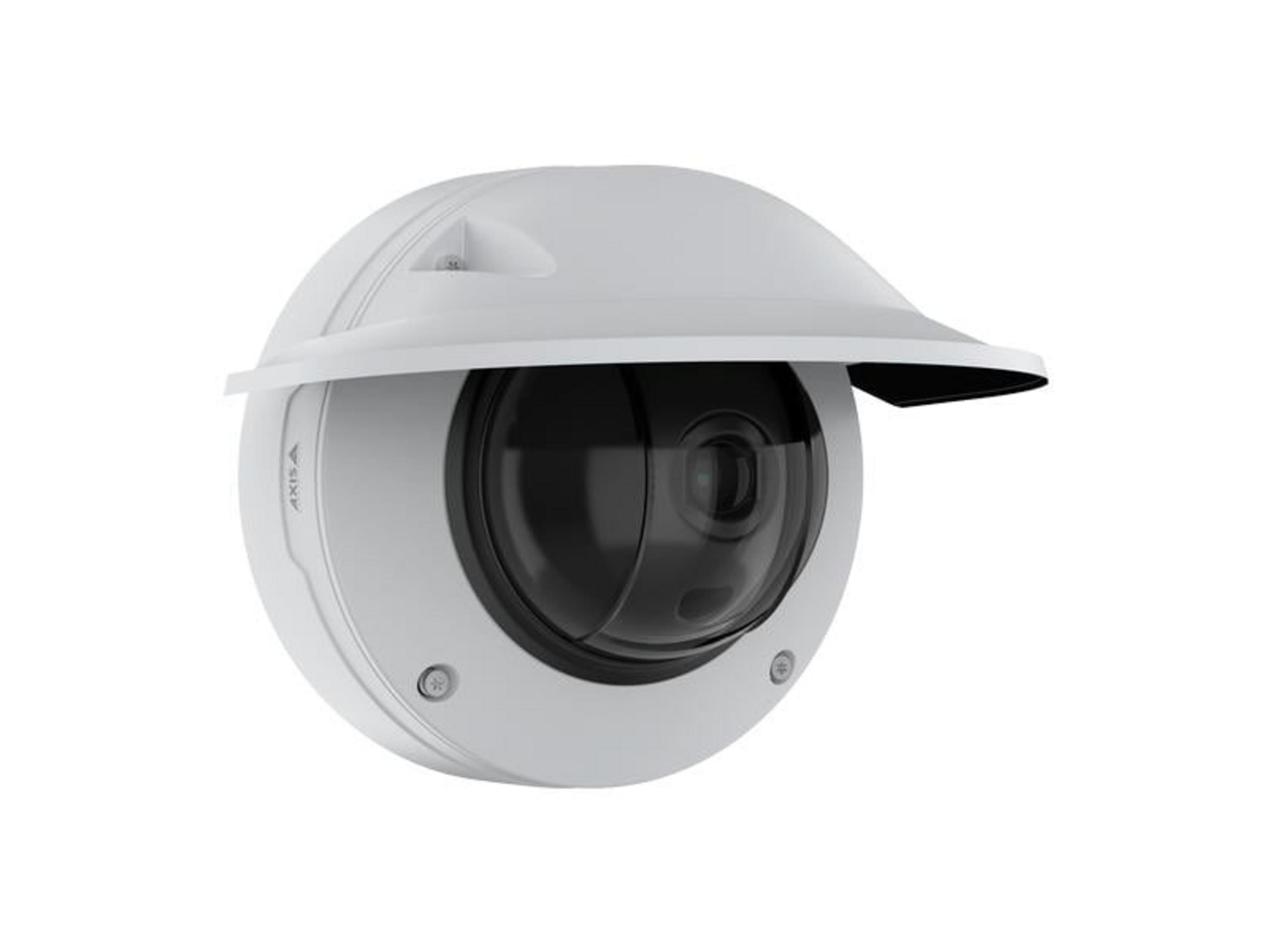 Biała kamera bezpieczeństwa z czarnym obiektywem i osłoną przeciwsłoneczną.