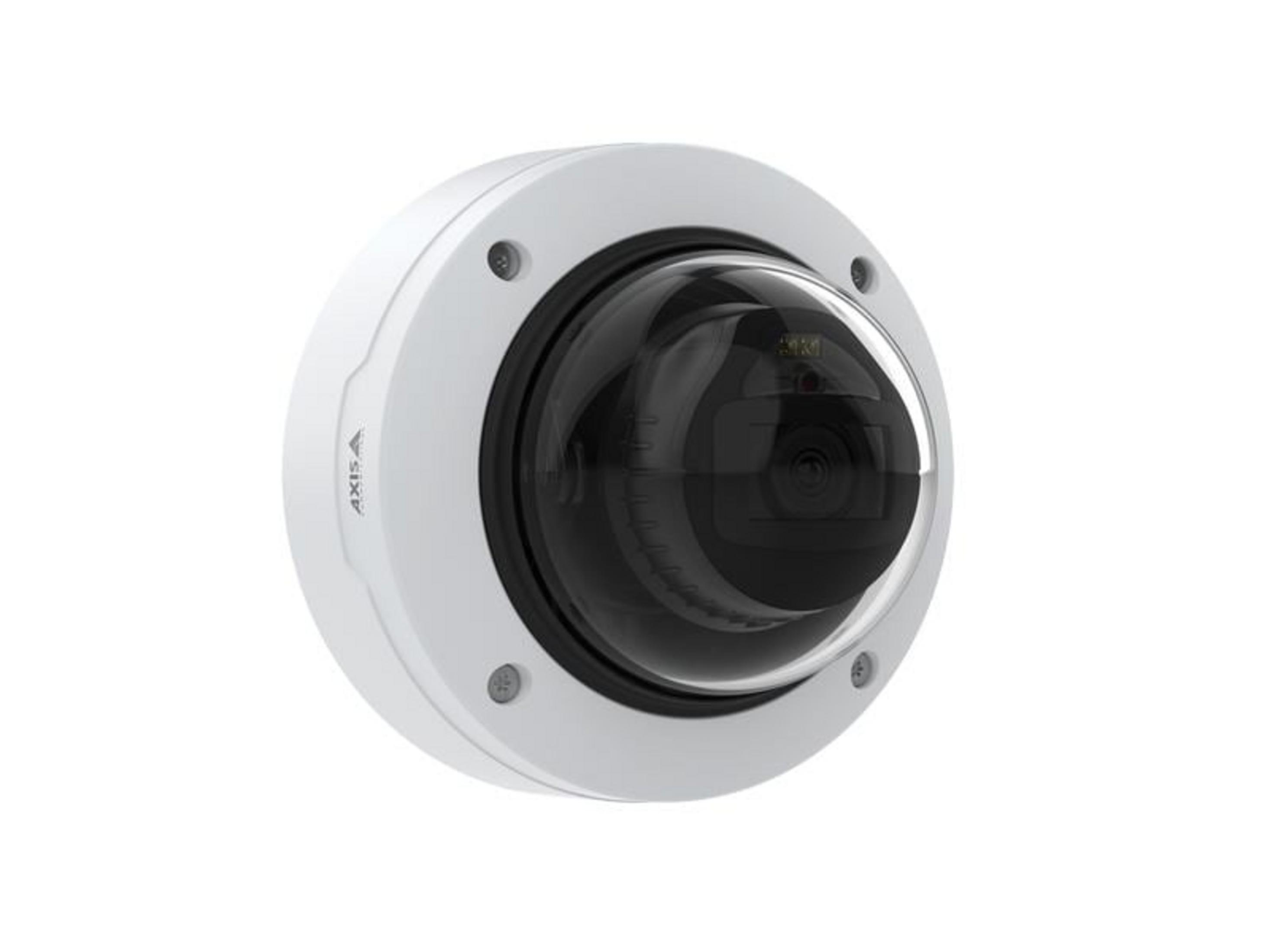 Biała kamera bezpieczeństwa typu kopułka z czarnym obiektywem.