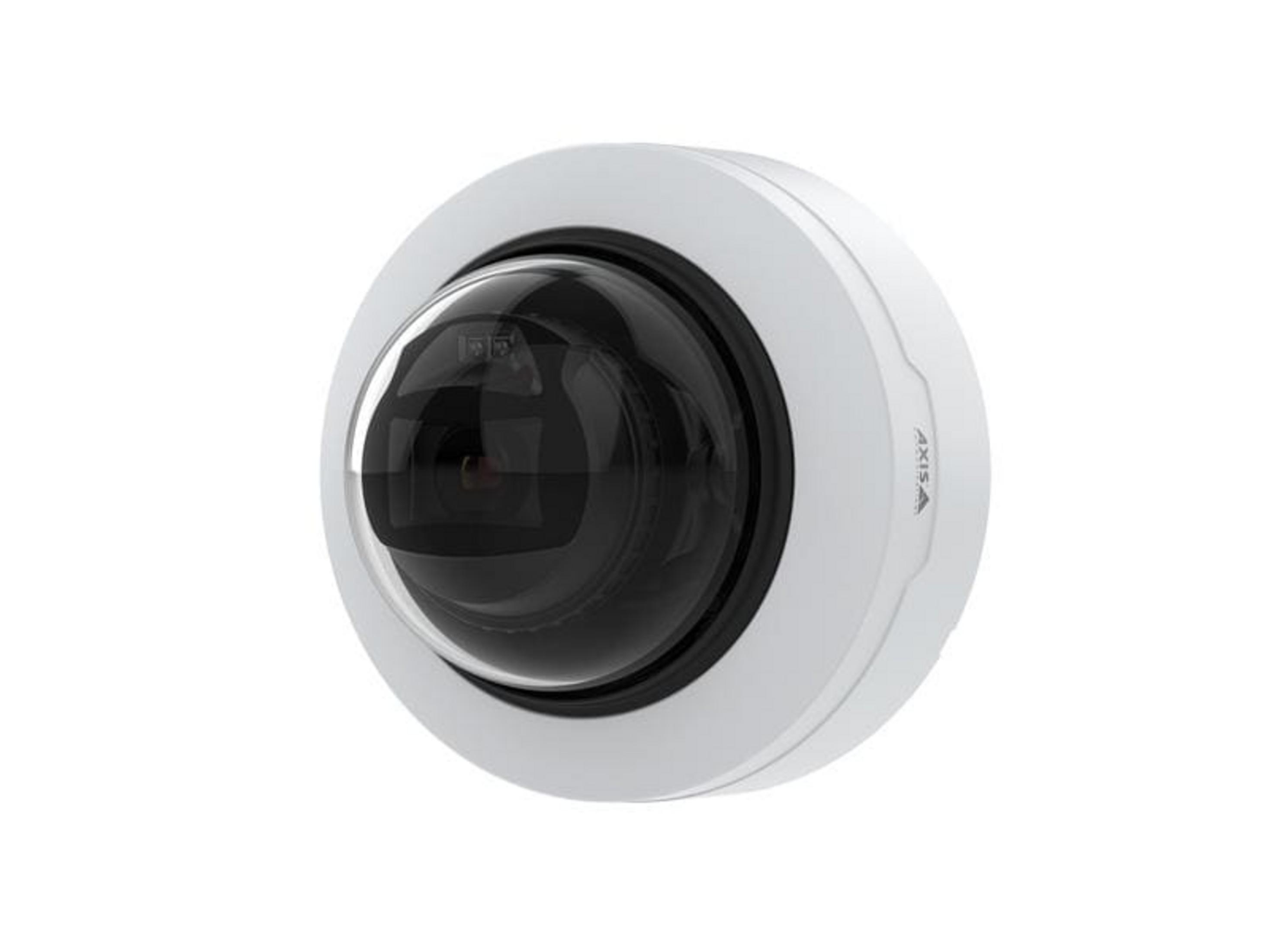 Biała kamera kopułowa z obiektywem i logo AXIS.