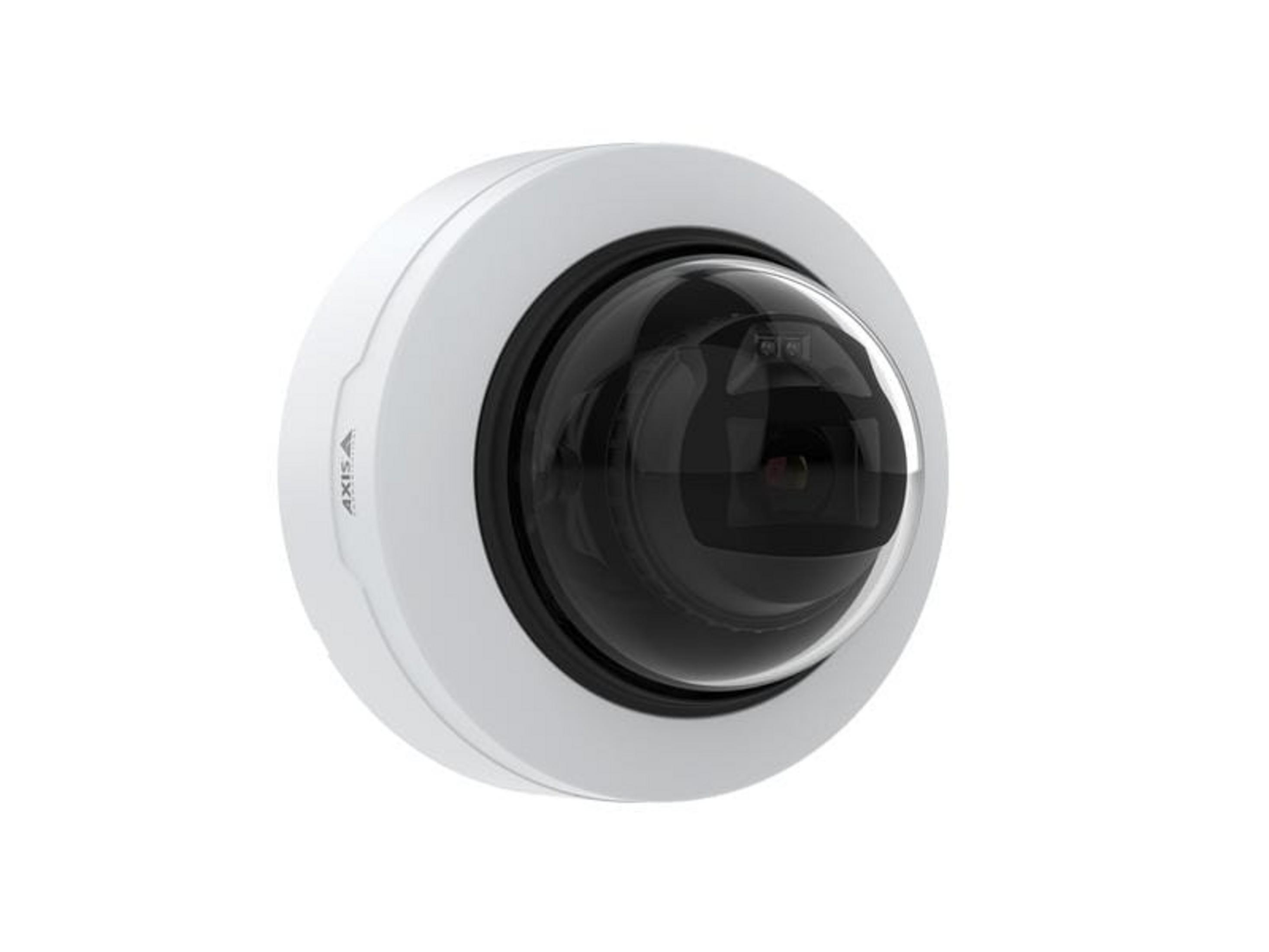 Biała kamera kopułkowa z czarnym obiektywem i logo AXIS.