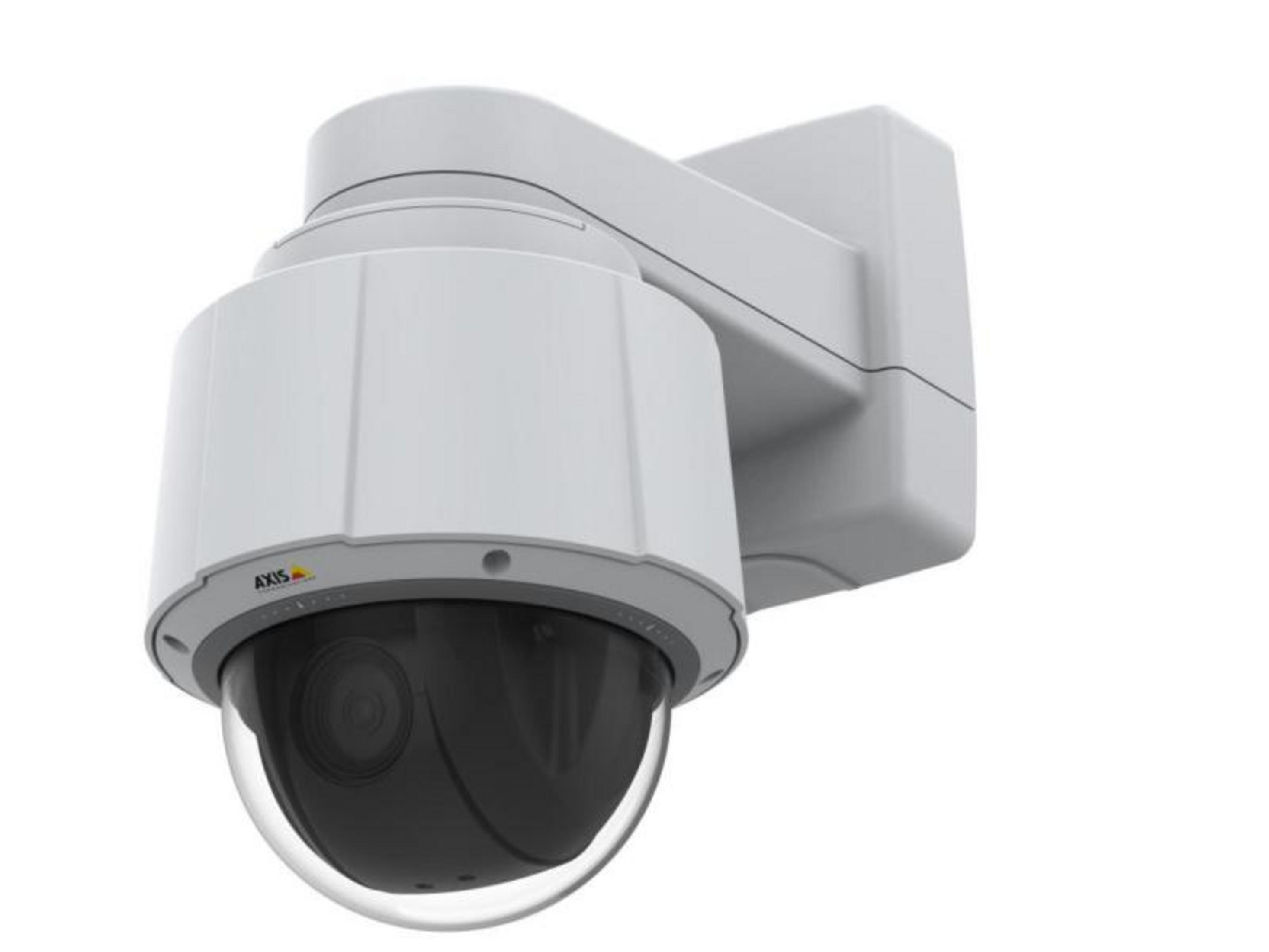 Biała kamera bezpieczeństwa z ciemną kopułą zamontowana na ścianie.