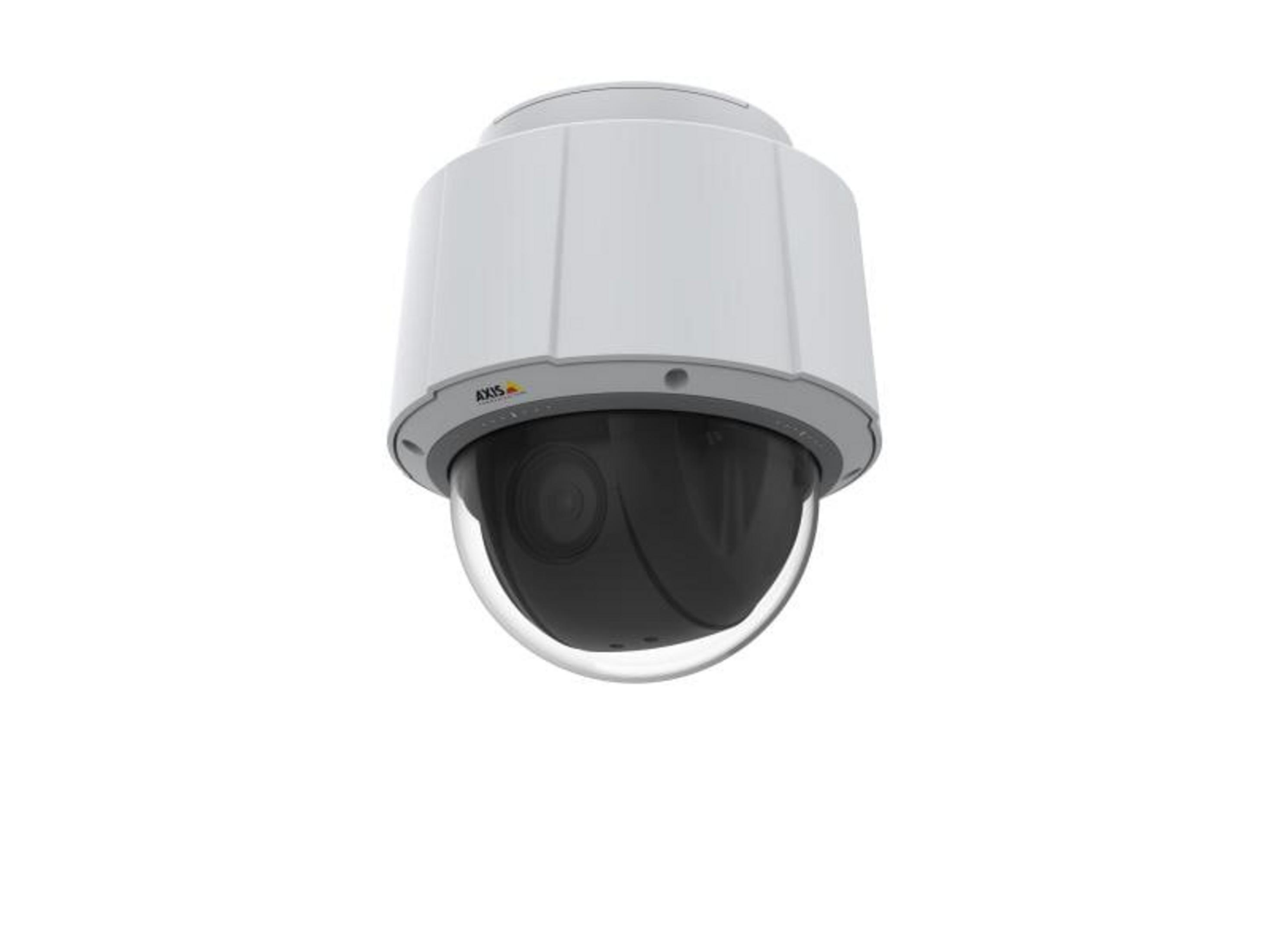 Biała kamera bezpieczeństwa z czarną soczewką i przezroczystą kopułą.