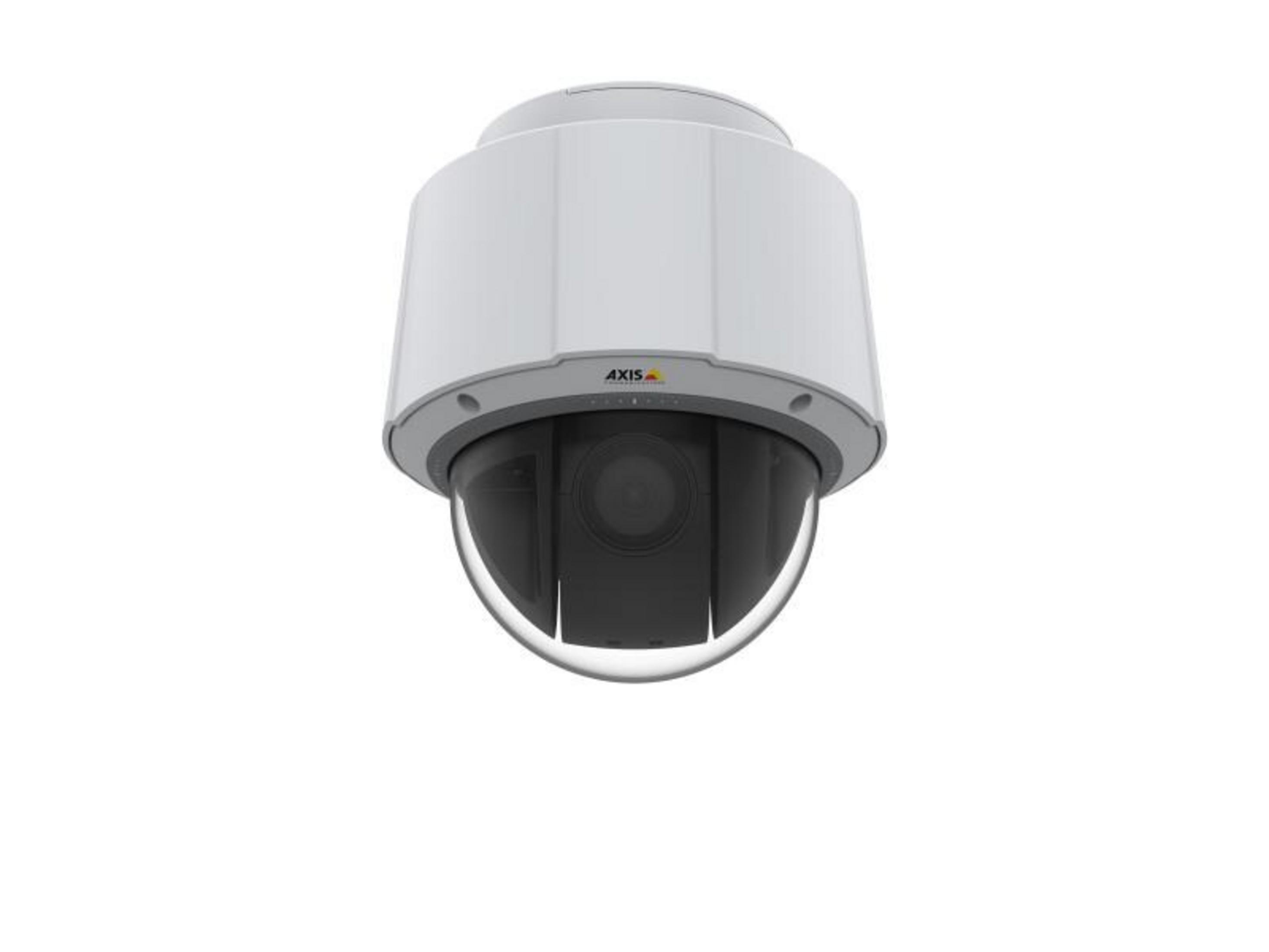 Biała kamera bezpieczeństwa z czarnym obiektywem i szarą obudową, na białym tle.