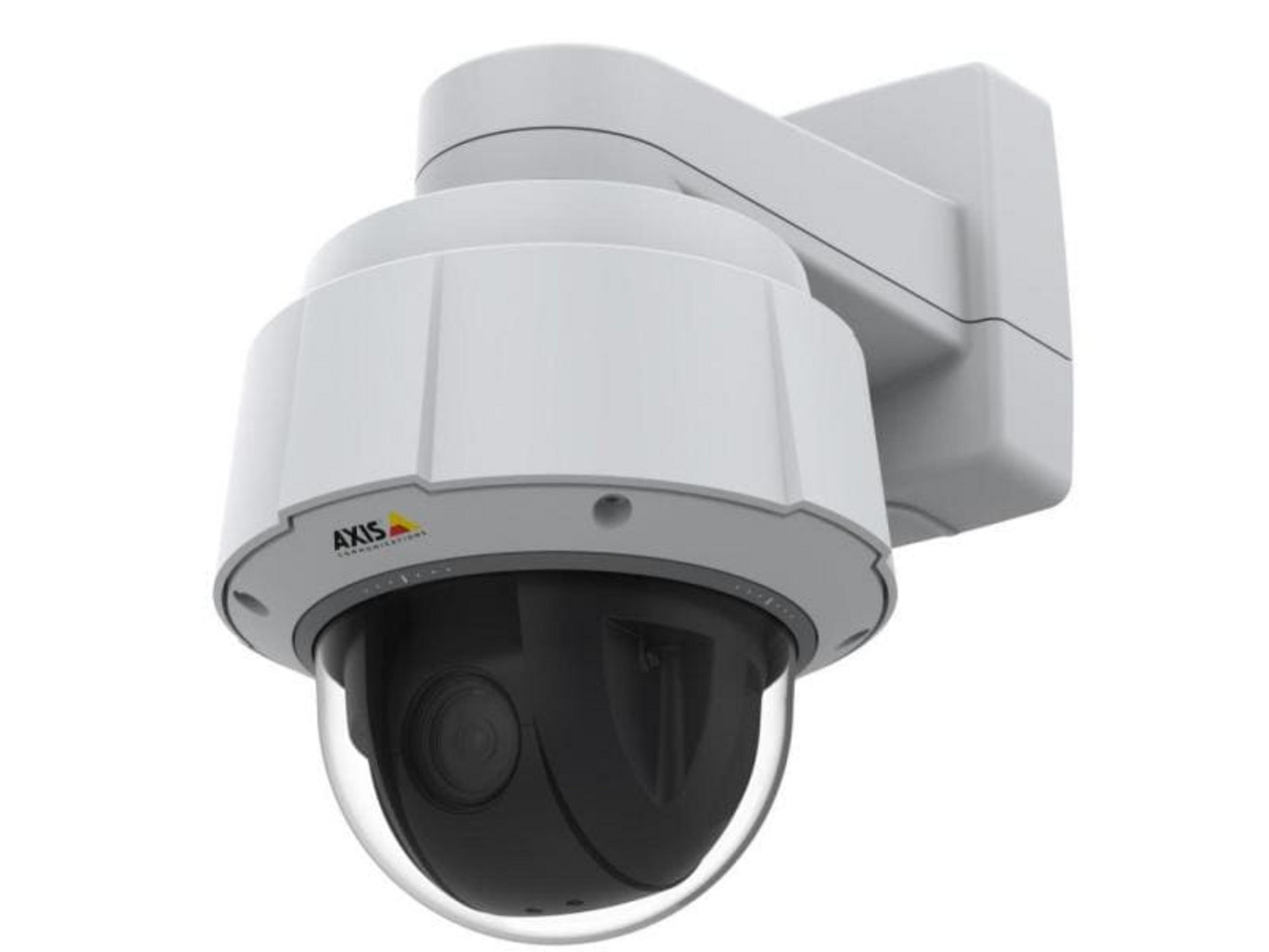 Biała kamera bezpieczeństwa z czarnym obiektywem i kopułą.