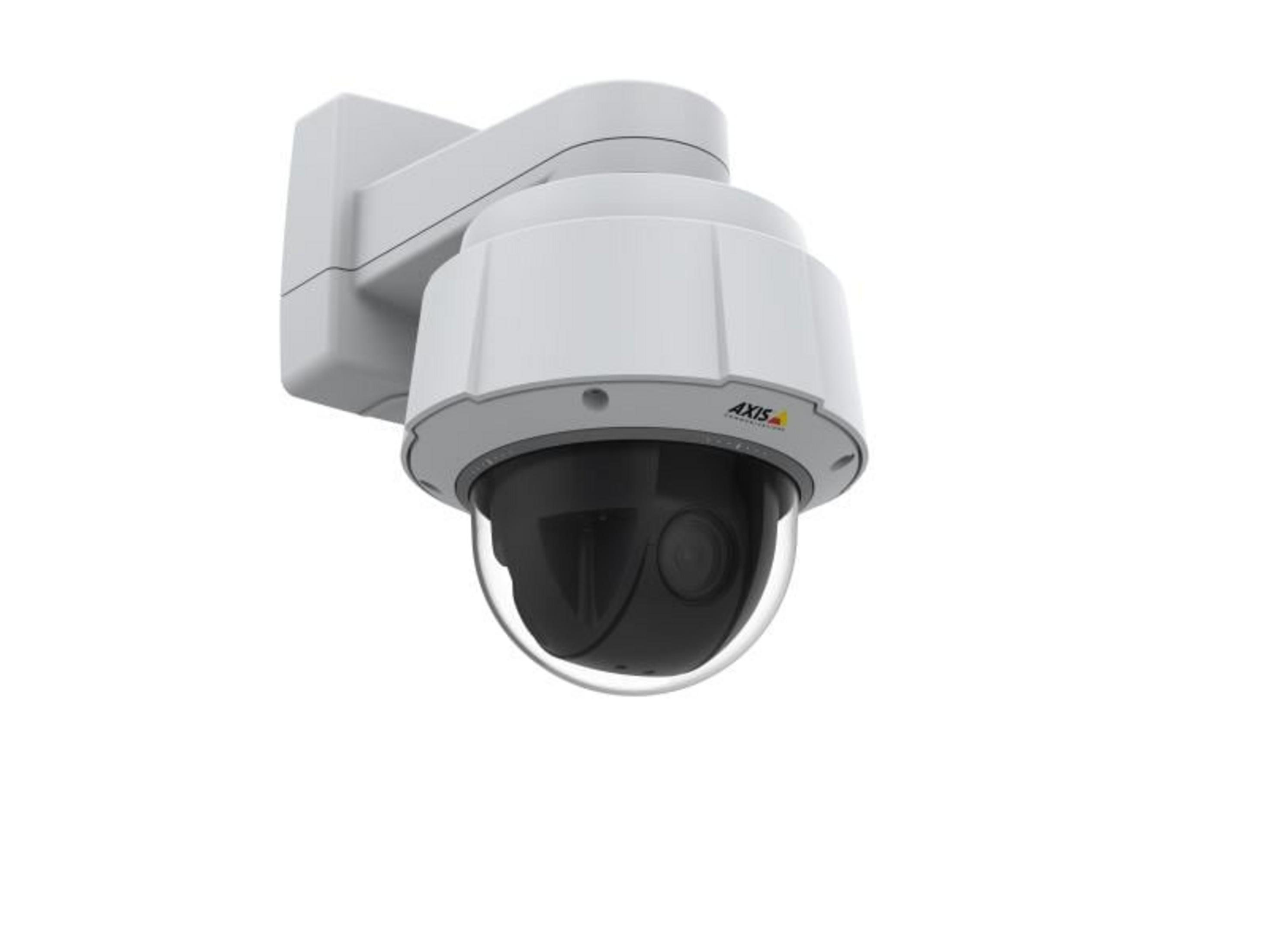 Biała kamera bezpieczeństwa z czarną kopułą i logo Axis.