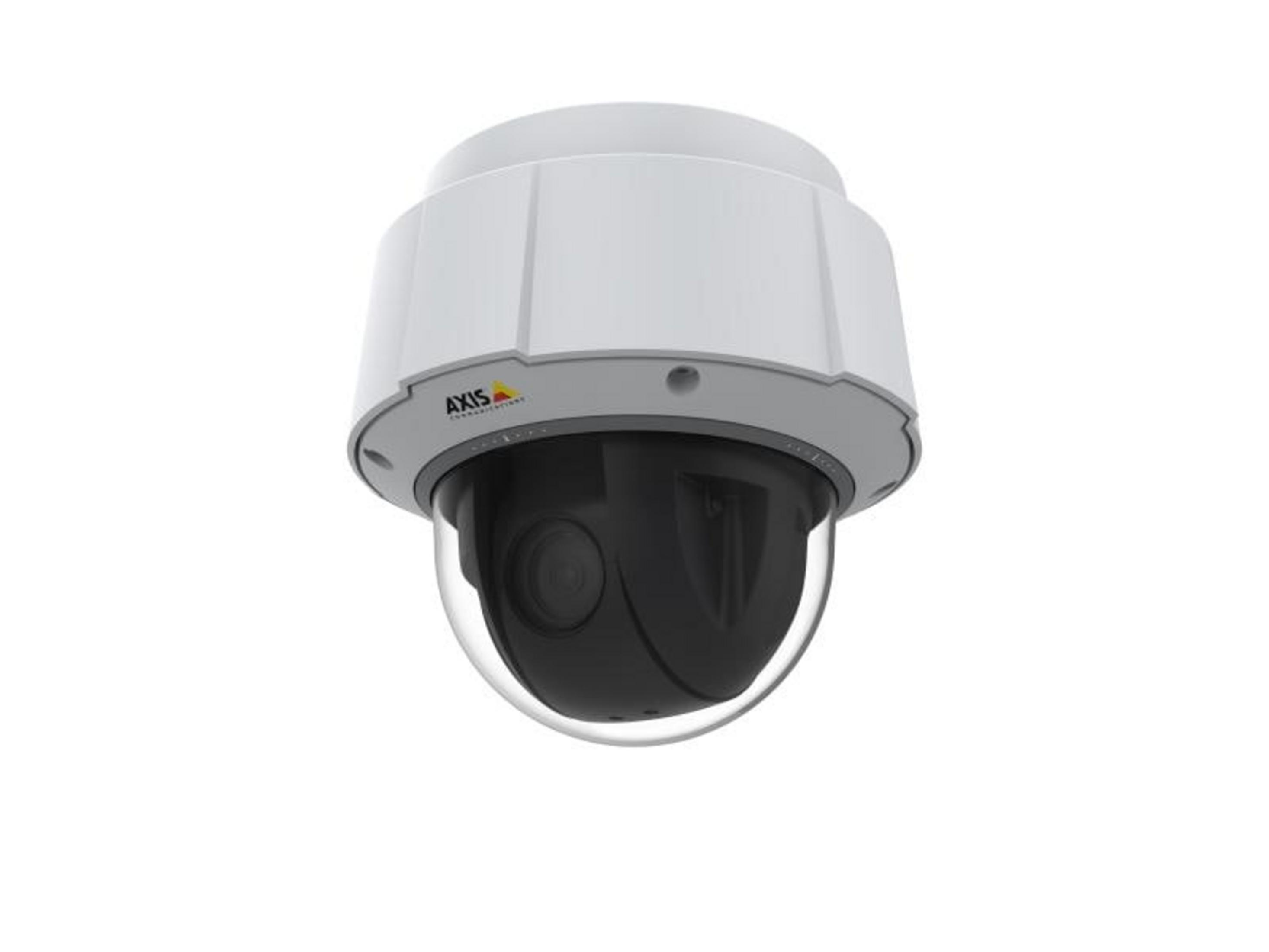 Biała kamera bezpieczeństwa z czarnym obiektywem i przezroczystą kopułą.