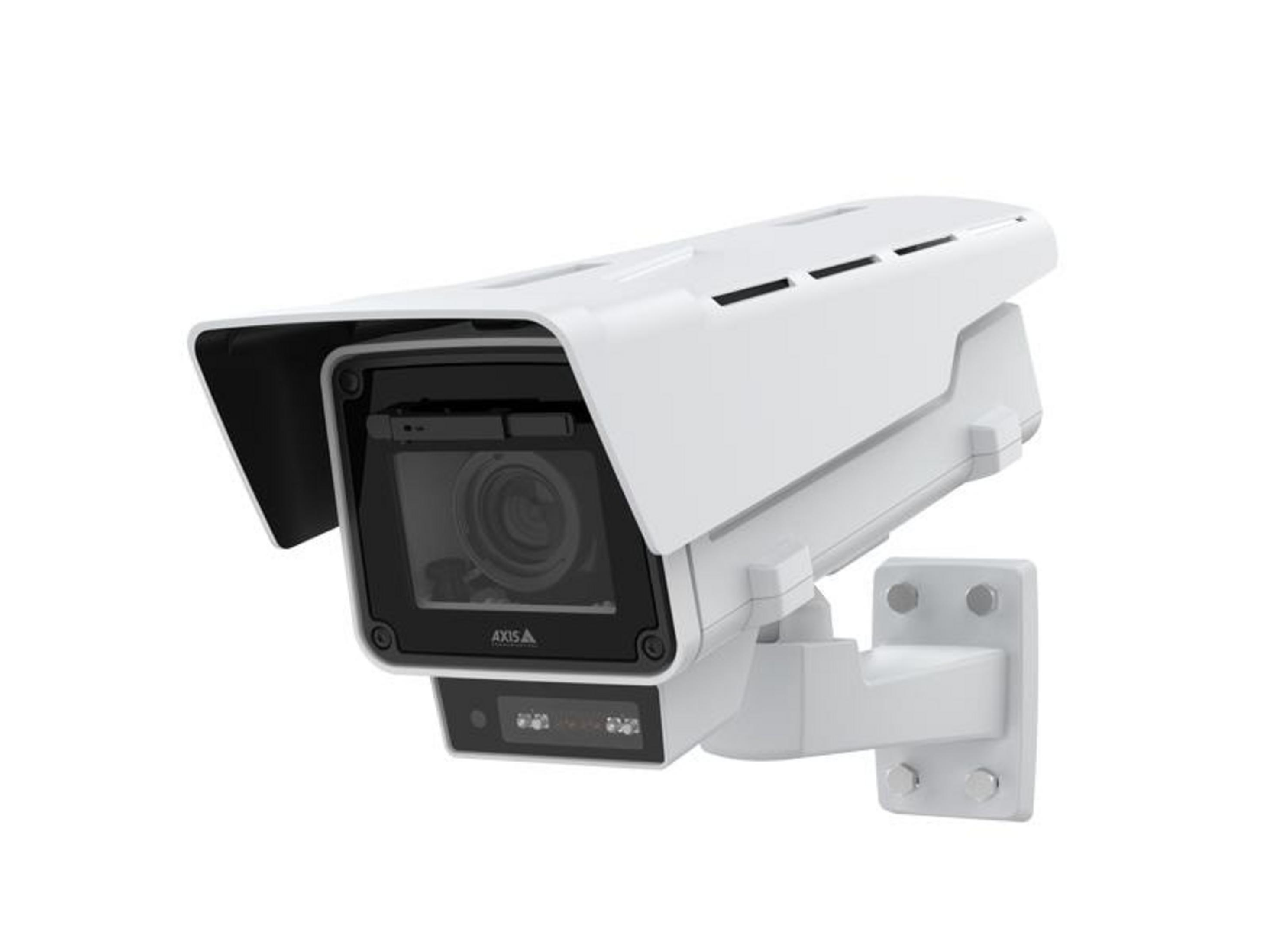 Biała kamera bezpieczeństwa z ramieniem obrotowym, na białym tle.