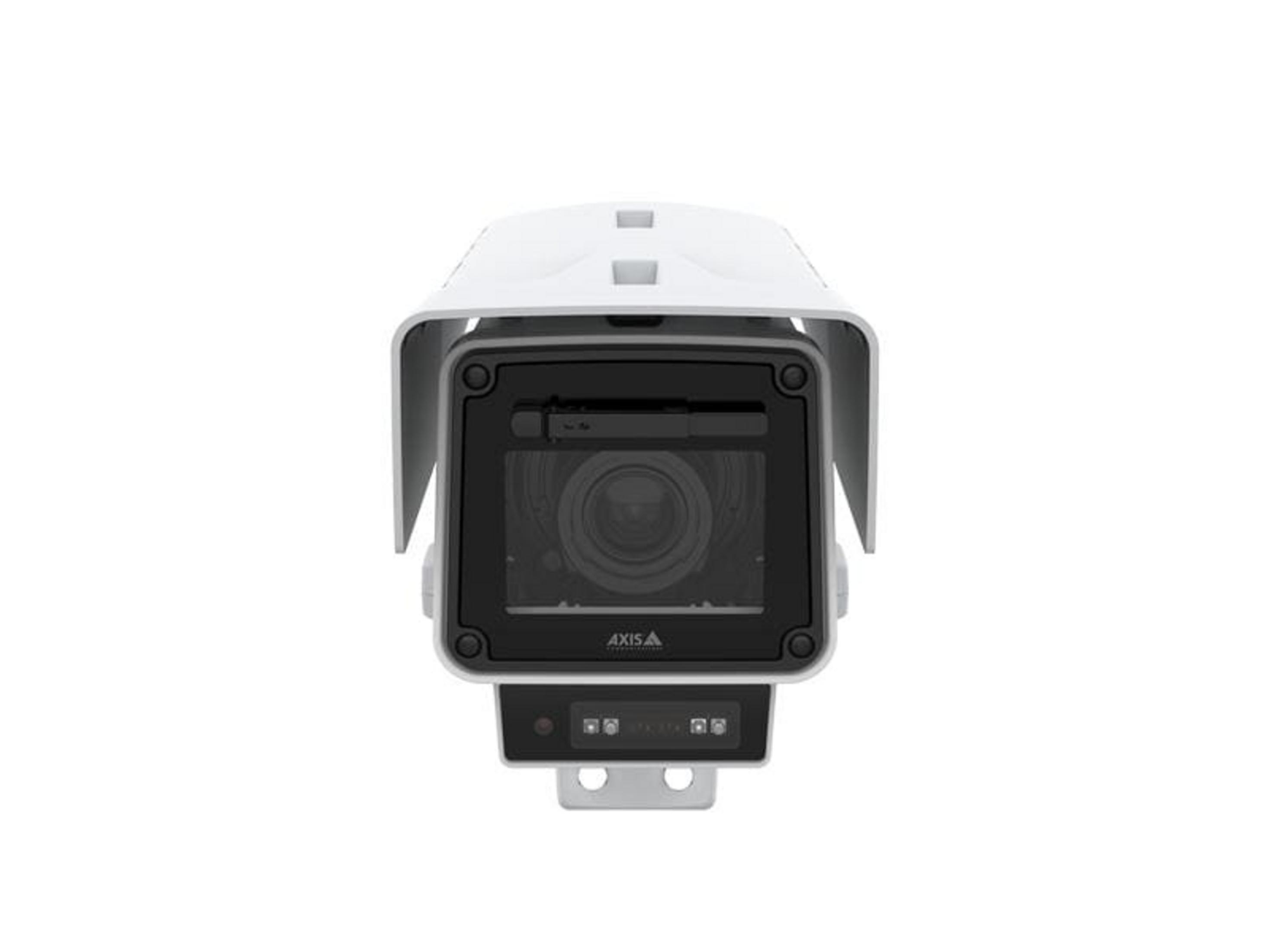 Biała kamera bezpieczeństwa z czarnym obiektywem i srebrnym mocowaniem.