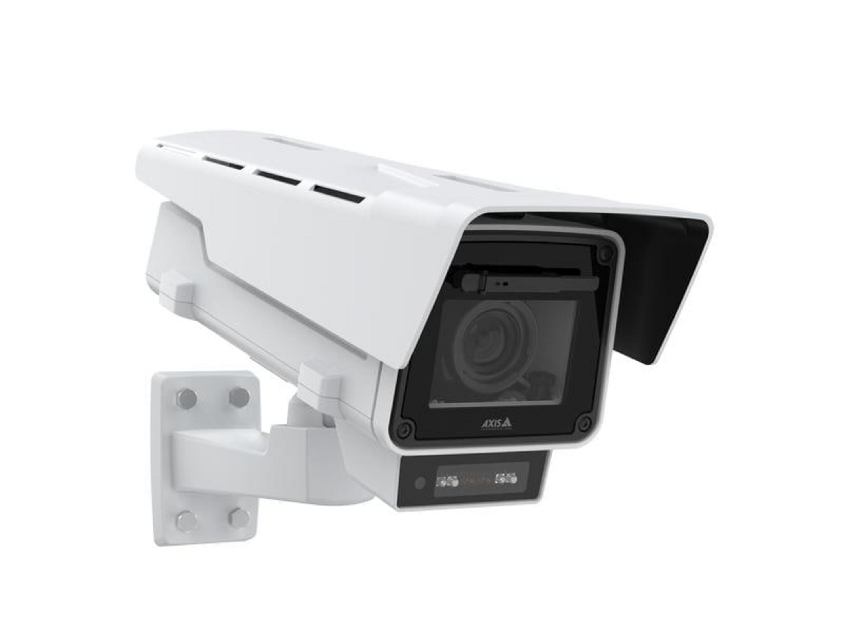 Biała kamera bezpieczeństwa z czarnym obiektywem i osłoną przeciwsłoneczną.