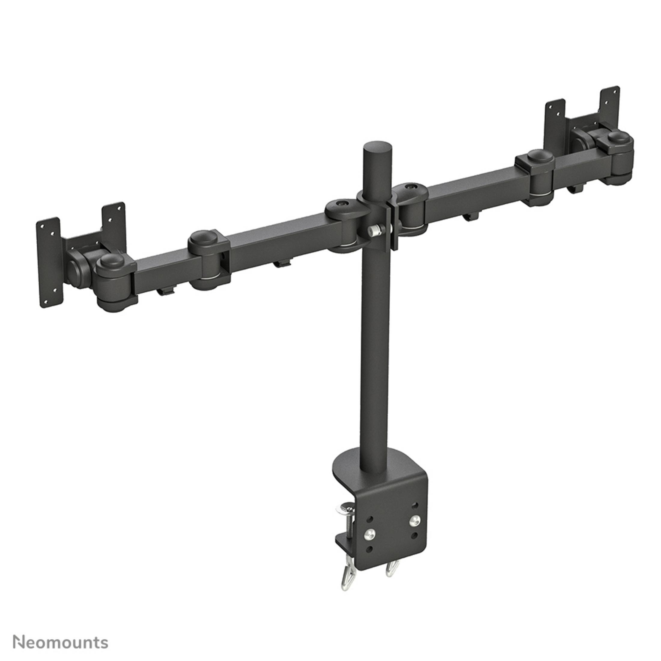 Schwarzer Doppelmonitorarm mit Tischklemme und verstellbaren Gelenken.